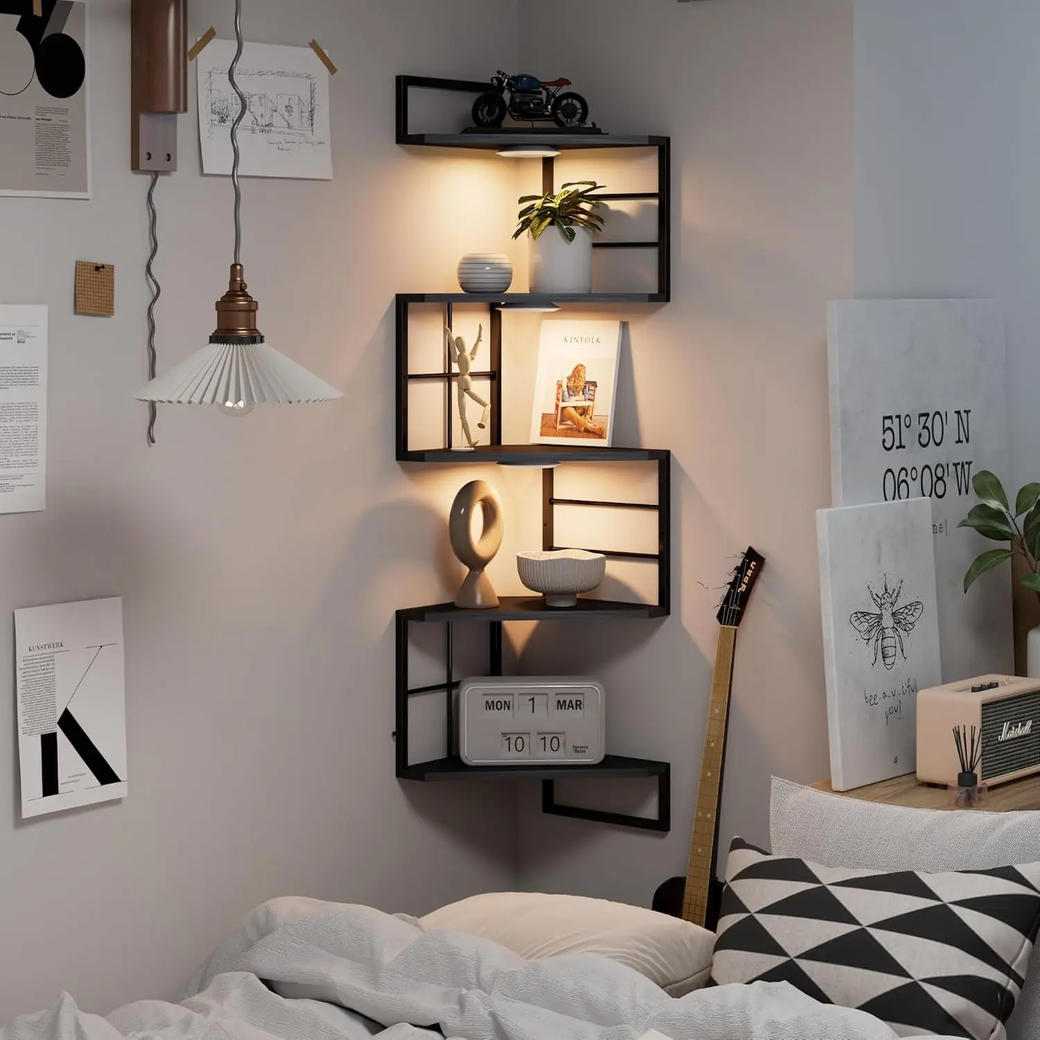 Floating Corner Shelves with Light - 5 Tiers Metal Corner Shelf Wall Mounted for Bedroom Living Room Office Kitchen