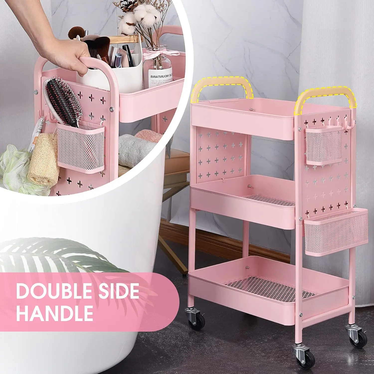 3-Tier Rolling Cart, Metal Utility Storage Cart with DIY Pegboards, Art Craft Trolley with Baskets Hooks, Organizer Serving