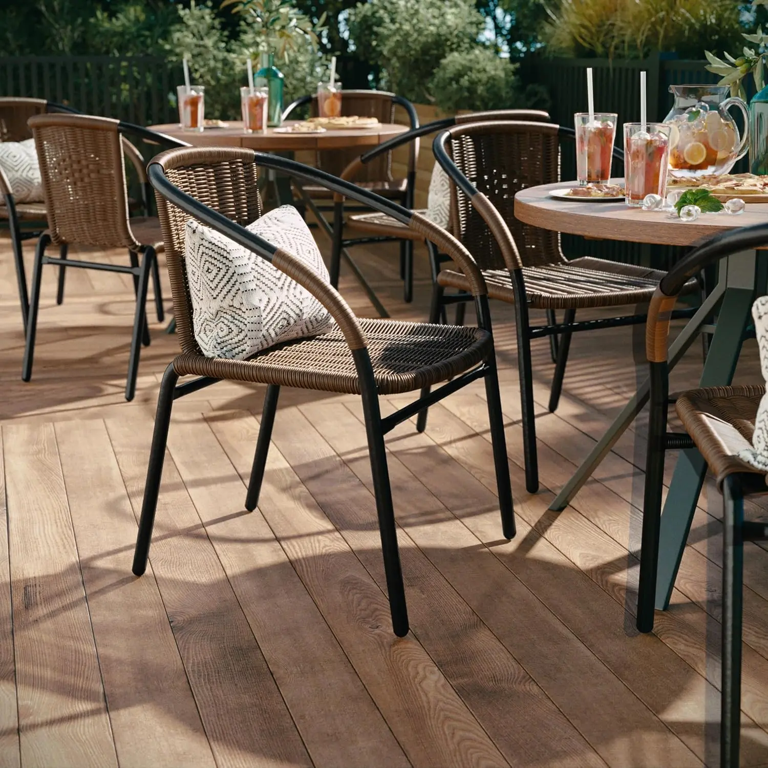 2 Pack Medium Brown Rattan Indoor-Outdoor Restaurant Stack Chair with Curved Back
