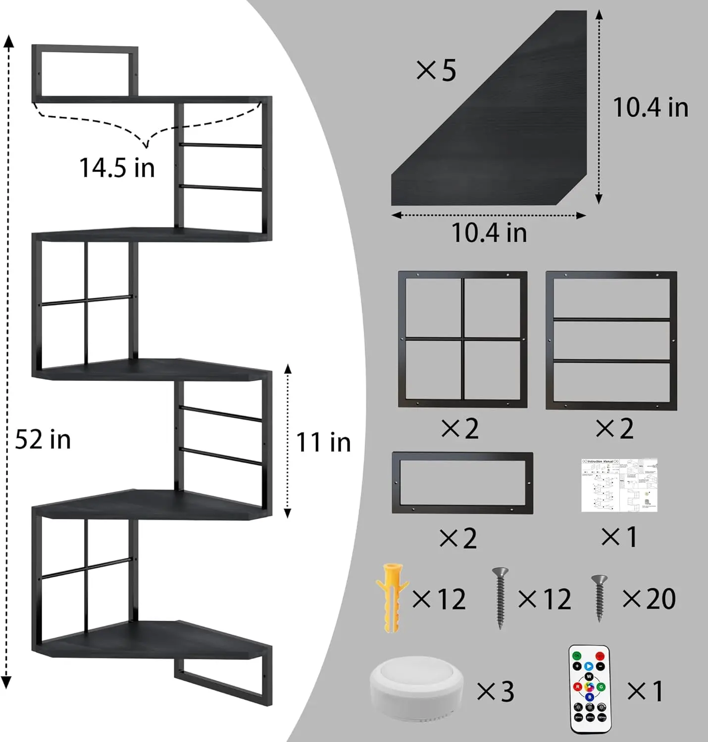 Floating Corner Shelves with Light - 5 Tiers Metal Corner Shelf Wall Mounted for Bedroom Living Room Office Kitchen