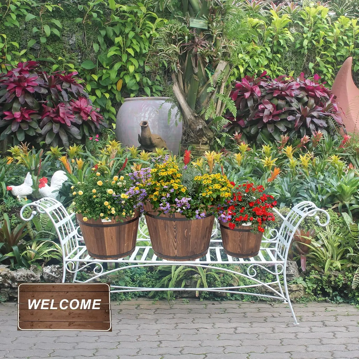 3 PCS Large Wooden Planter Barrel Set, 11.5"(Dia)- 18"(Dia) Real Wood Indoor/Outdoor Flower Pot w/Drainage Holes