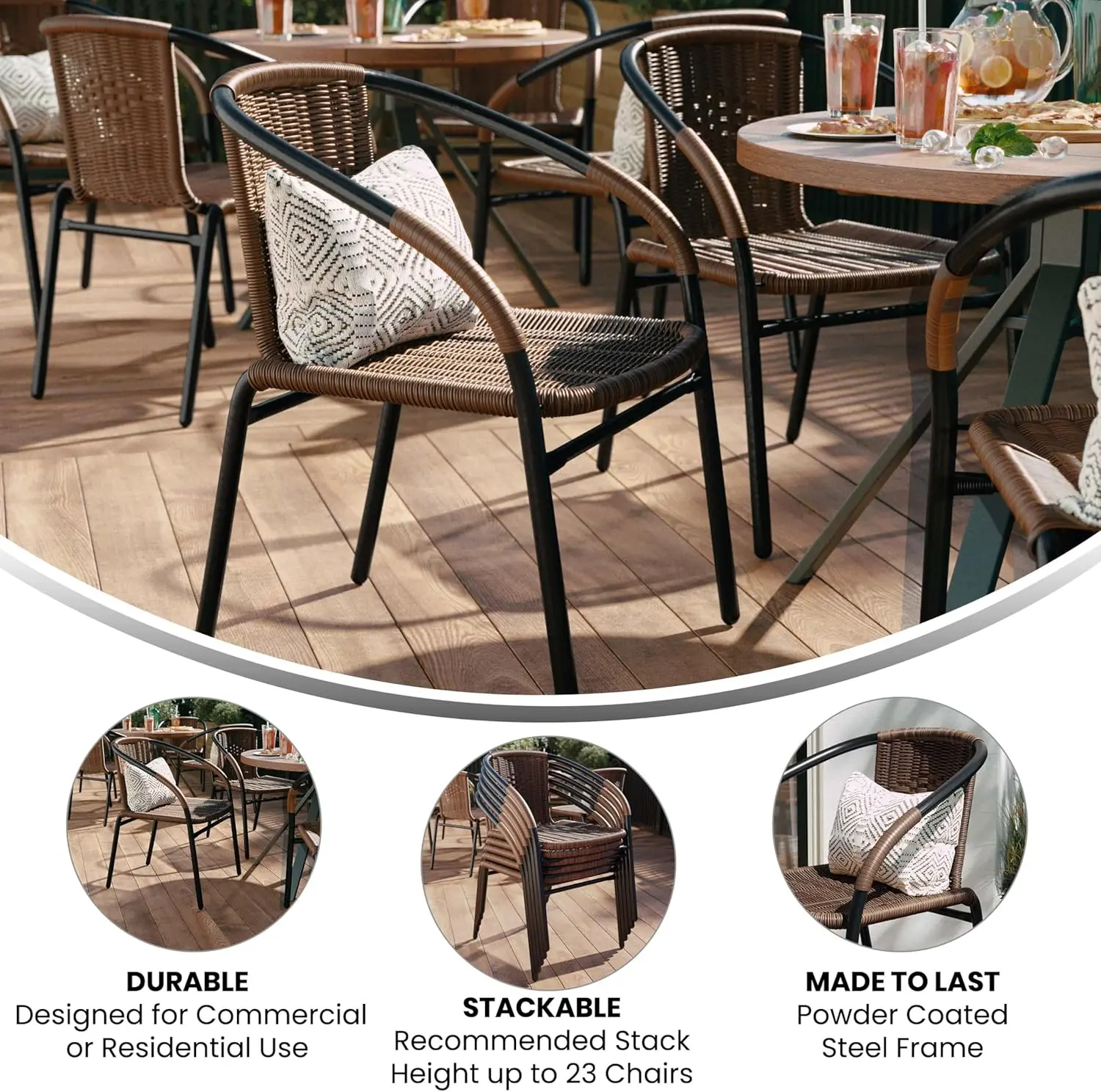 2 Pack Medium Brown Rattan Indoor-Outdoor Restaurant Stack Chair with Curved Back