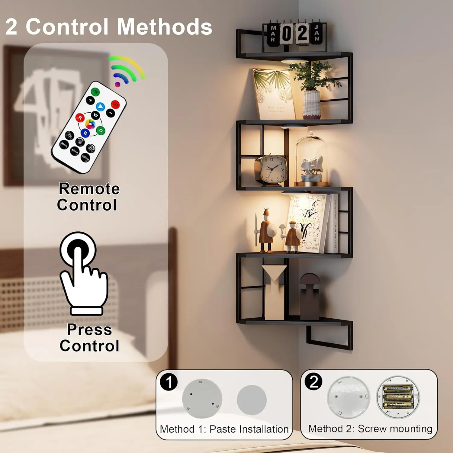 Floating Corner Shelves with Light - 5 Tiers Metal Corner Shelf Wall Mounted for Bedroom Living Room Office Kitchen