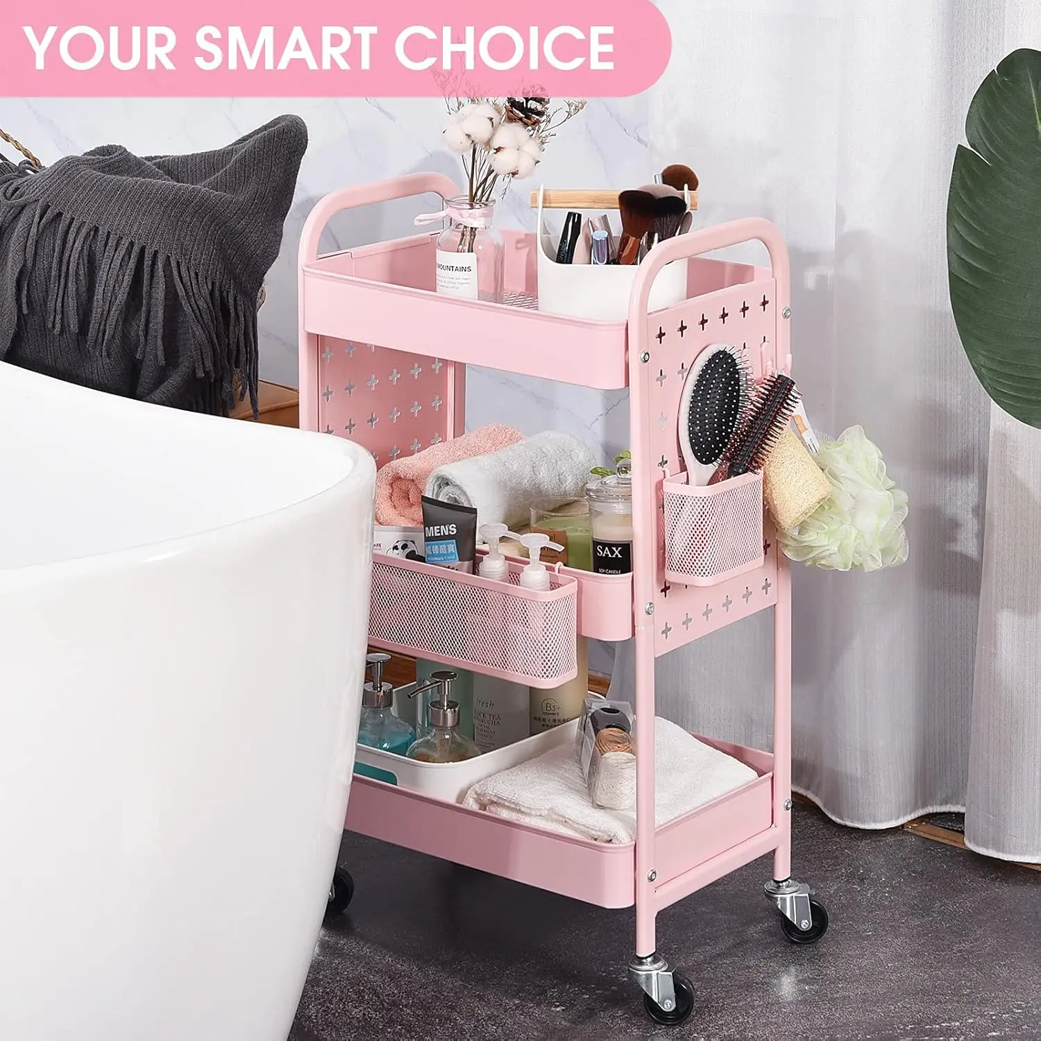 3-Tier Rolling Cart, Metal Utility Storage Cart with DIY Pegboards, Art Craft Trolley with Baskets Hooks, Organizer Serving