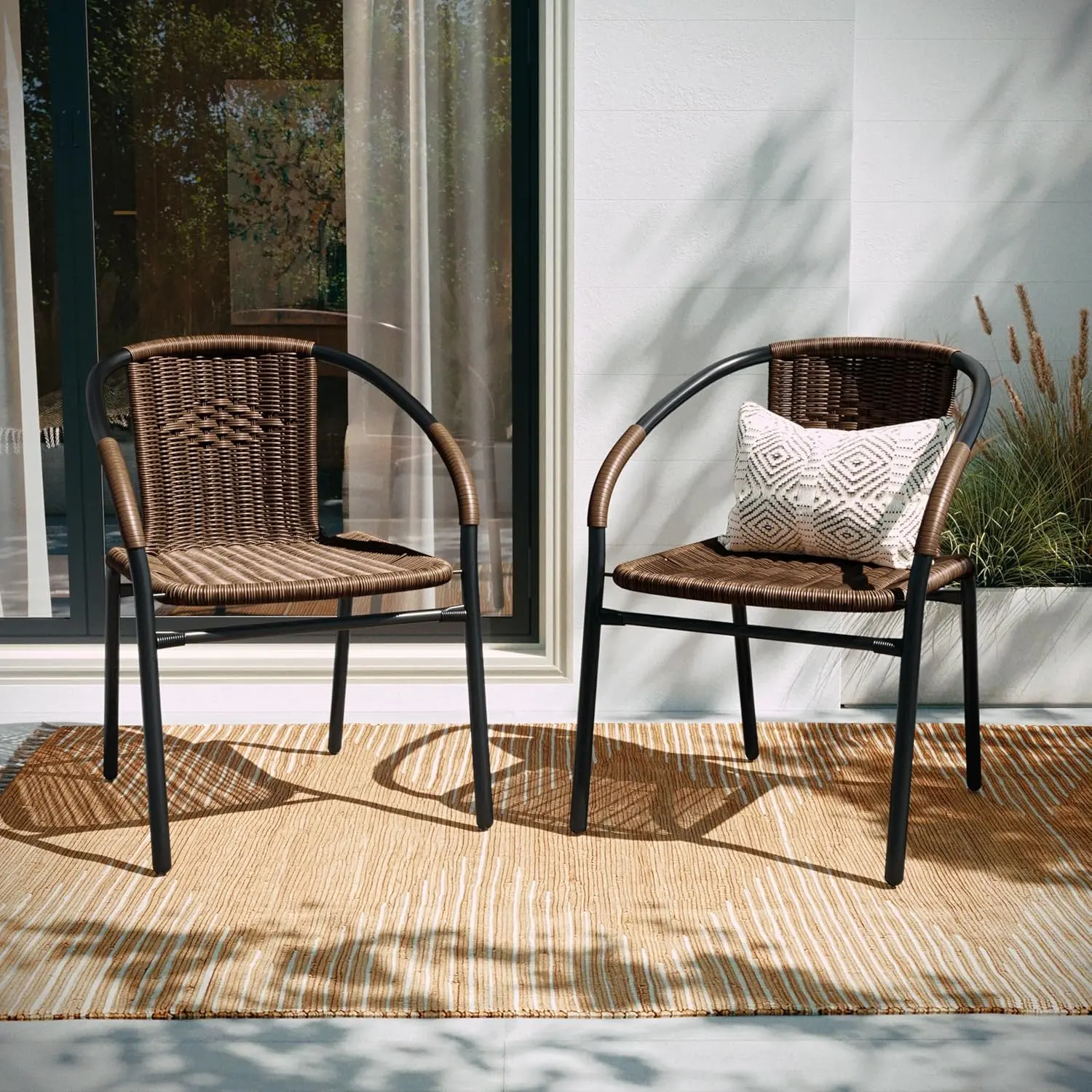 2 Pack Medium Brown Rattan Indoor-Outdoor Restaurant Stack Chair with Curved Back