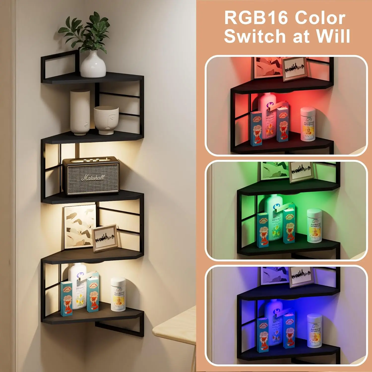 Floating Corner Shelves with Light - 5 Tiers Metal Corner Shelf Wall Mounted for Bedroom Living Room Office Kitchen