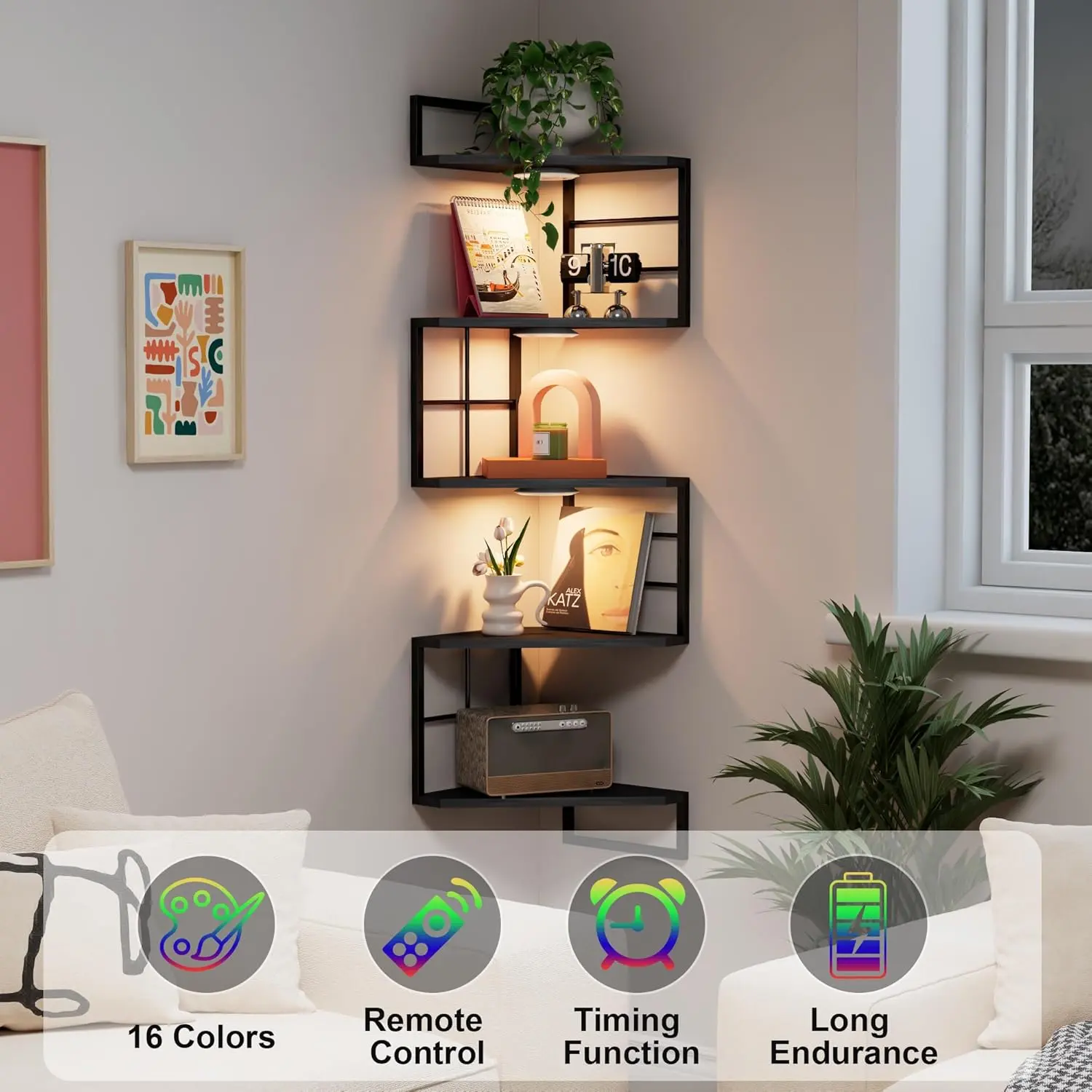 Floating Corner Shelves with Light - 5 Tiers Metal Corner Shelf Wall Mounted for Bedroom Living Room Office Kitchen