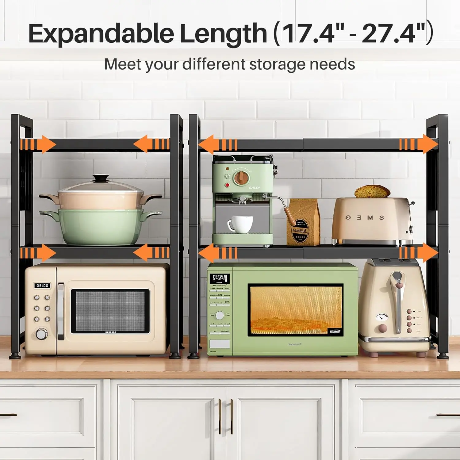 Expandable Microwave Stand, Heavy Duty 3-Tier Adjustable Microwave Oven Rack Shelf with 8 Hooks & 2 Holders