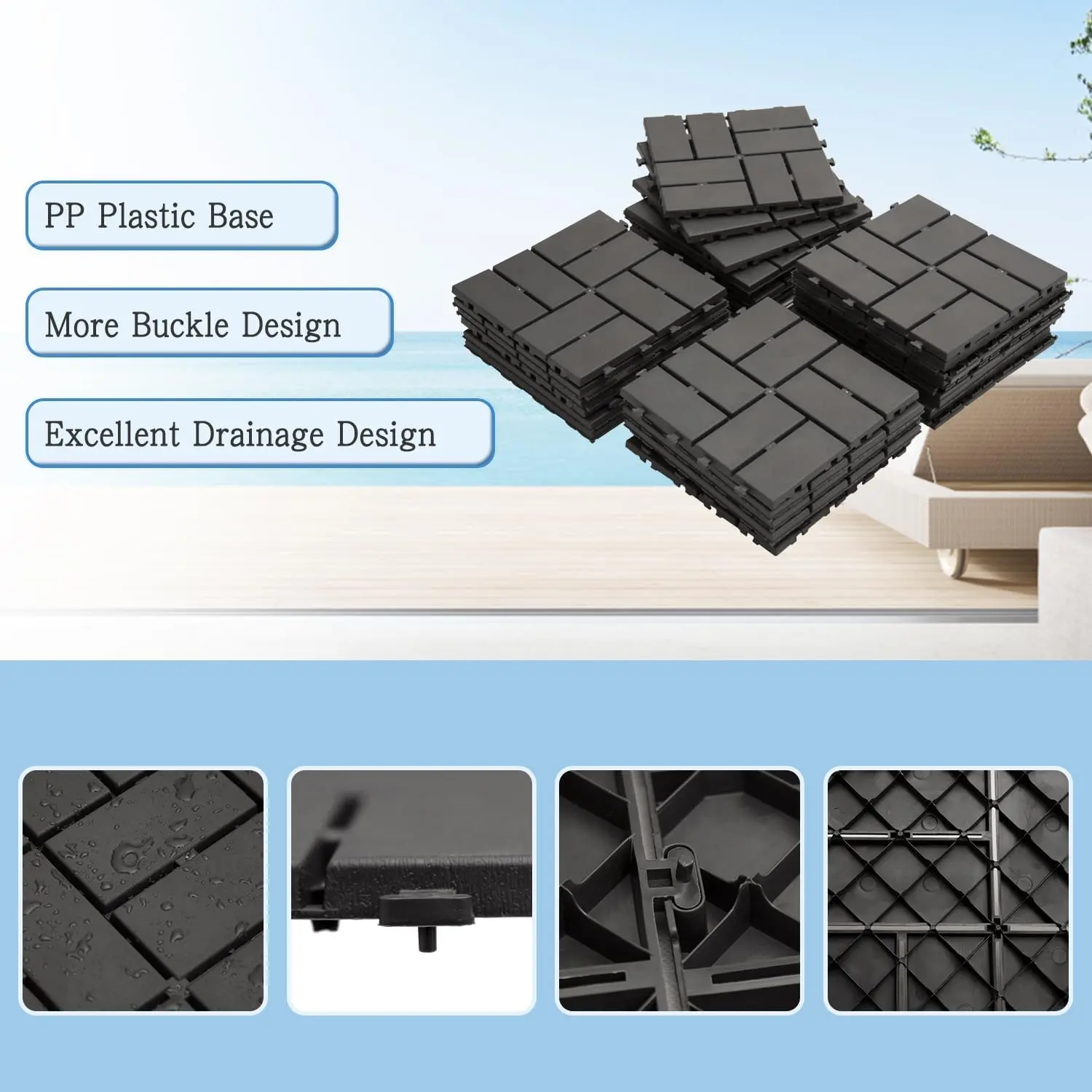 Plastic Interlocking Deck Tiles, 27 Pieces One Pack, 12"x12" Waterproof Outdoor Flooring All Weather Use Decking