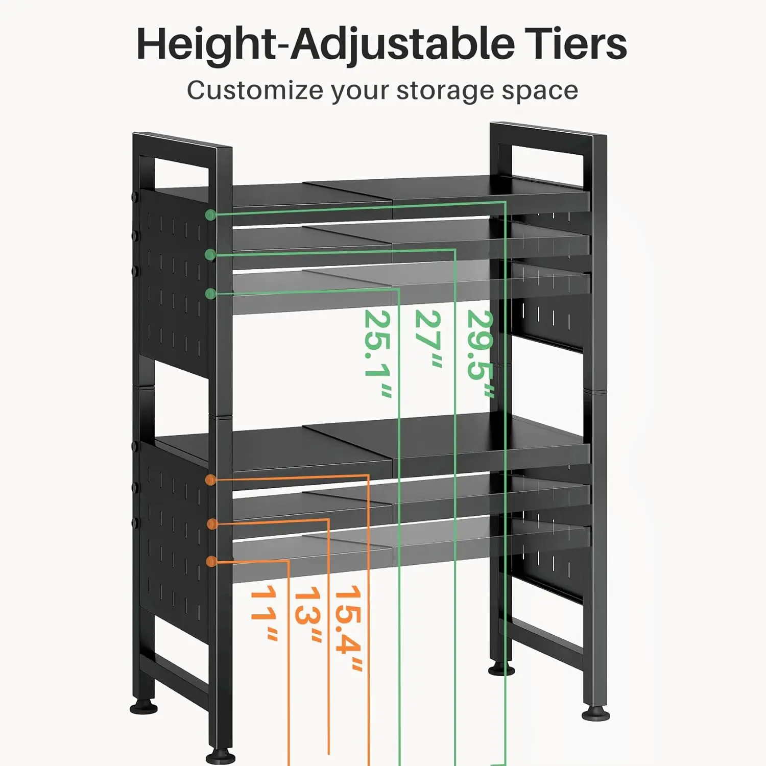 Expandable Microwave Stand, Heavy Duty 3-Tier Adjustable Microwave Oven Rack Shelf with 8 Hooks & 2 Holders