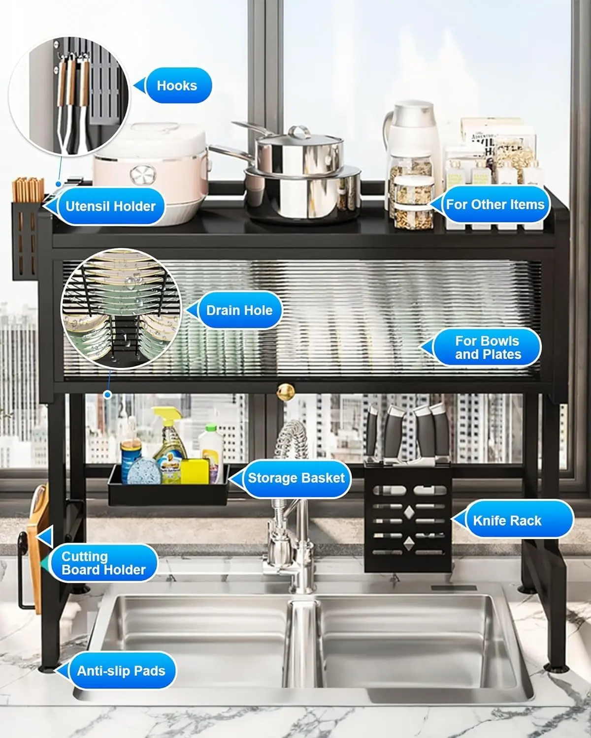 Dish Drying Rack, 3-Tier Over Sink Drying Rack, 33.5" Over Sink Rack for Small Kitchen, Space-Saving Rack