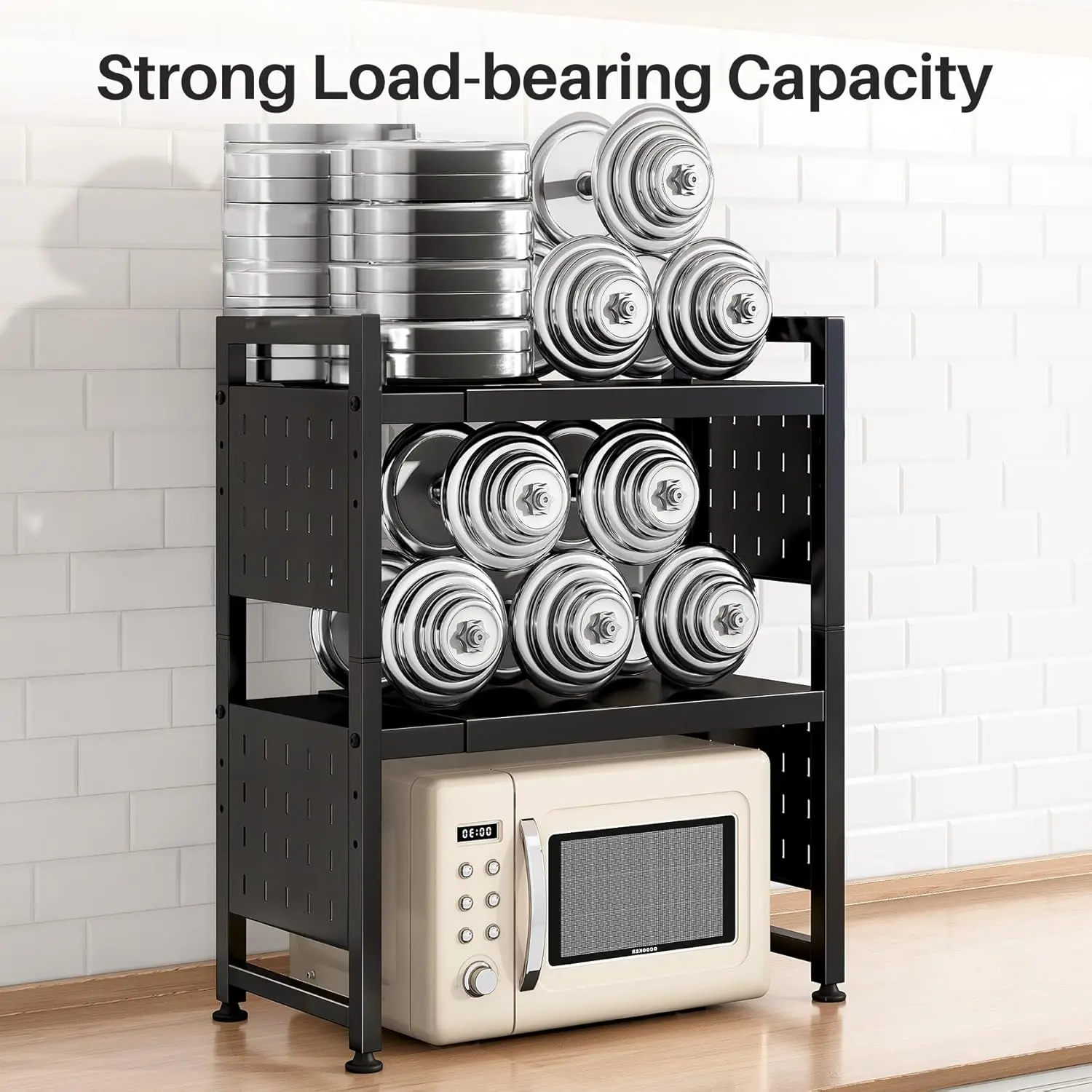 Expandable Microwave Stand, Heavy Duty 3-Tier Adjustable Microwave Oven Rack Shelf with 8 Hooks & 2 Holders