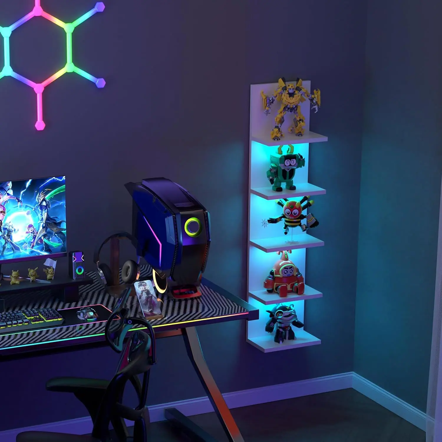 5-Tier Wall Shelf Unit with RGB Light, Floating Lack Shelf for Wall Storage, Wall Mounted Vertical Display Shelf for Bedroom
