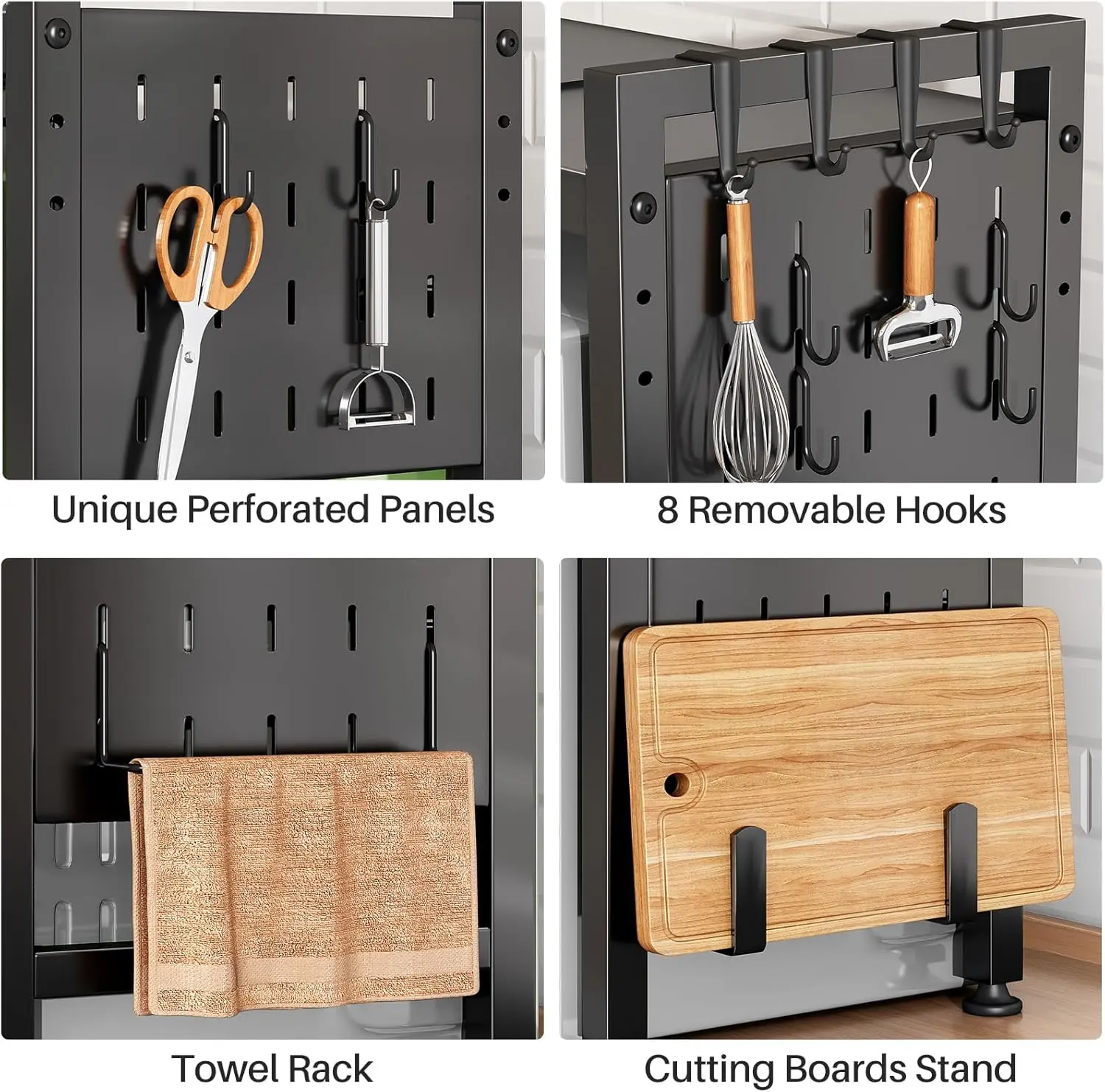 Expandable Microwave Stand, Heavy Duty 3-Tier Adjustable Microwave Oven Rack Shelf with 8 Hooks & 2 Holders