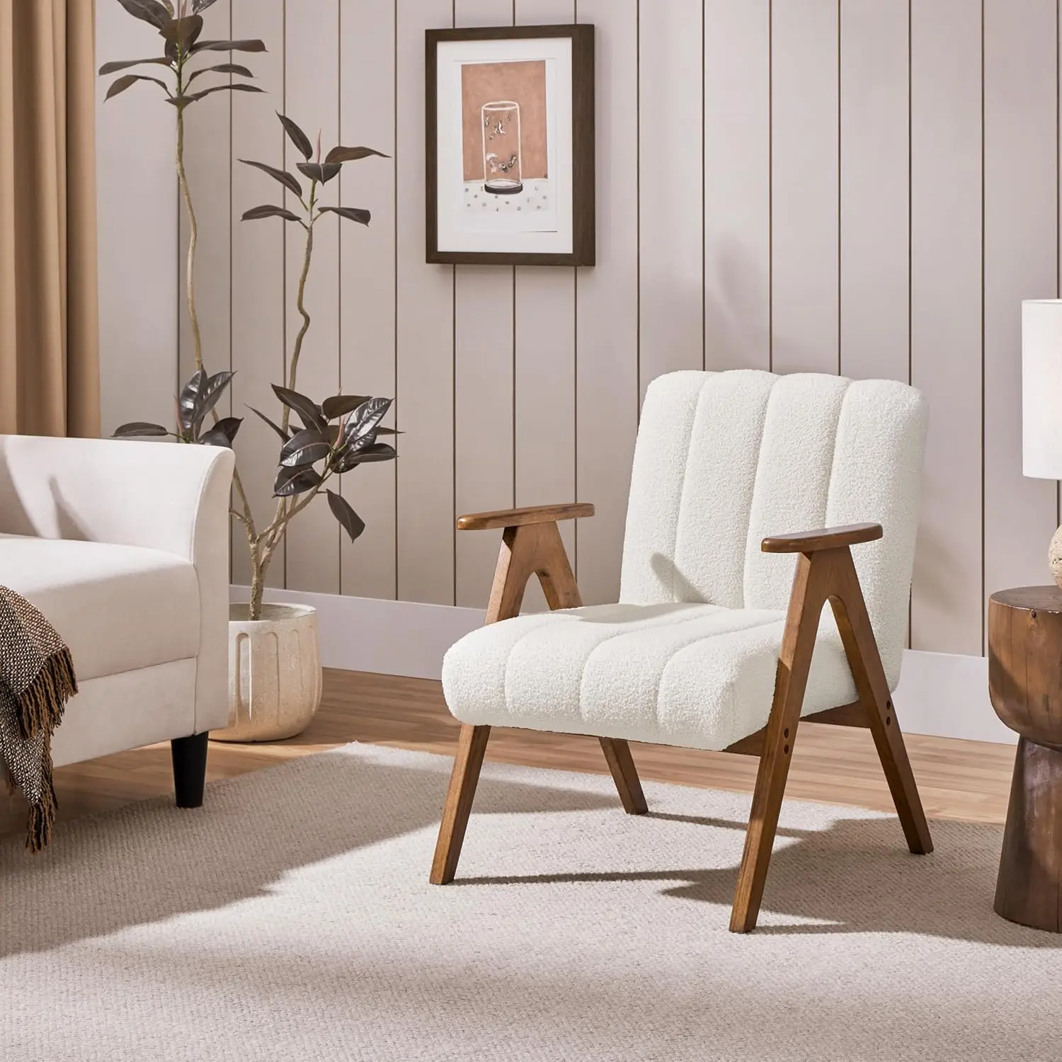 Boucle Fabric Mid Century Accent Chair, Modern Upholstered Living Room Chairs with Solid Wood Legs, Reading Armchair