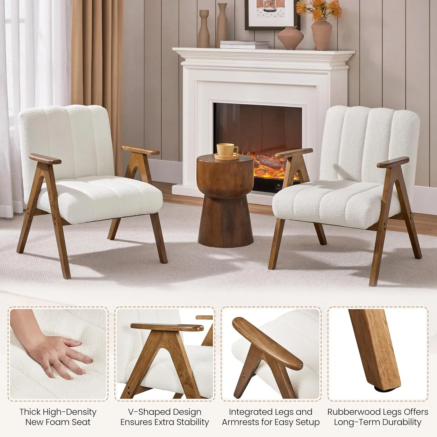 Boucle Fabric Mid Century Accent Chair, Modern Upholstered Living Room Chairs with Solid Wood Legs, Reading Armchair
