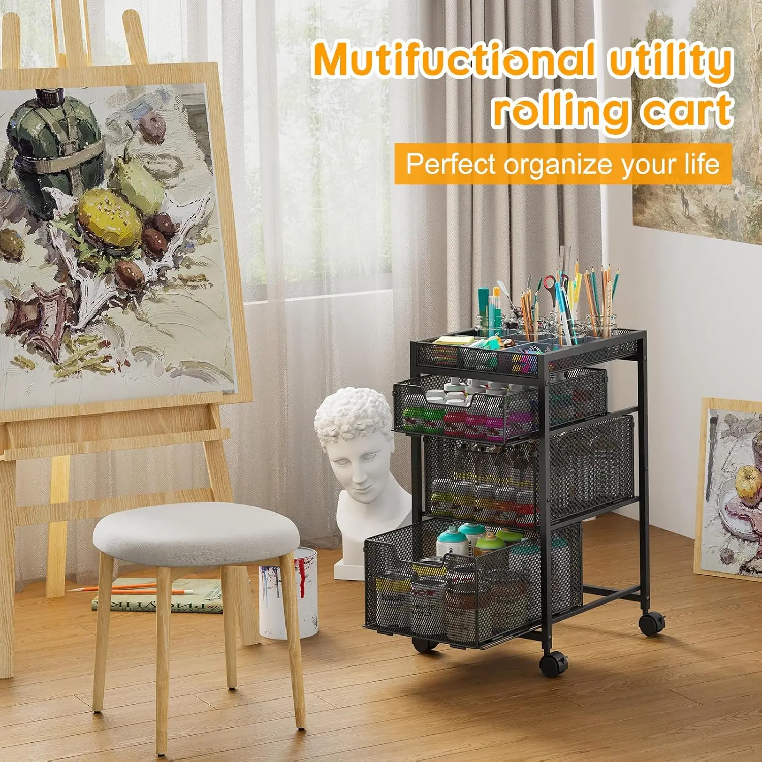 Rolling Utility Cart with 3 Drawers, Craft Organizer and Storage with DIY Divider, Lockable Wheels, Multi-Functional Storage