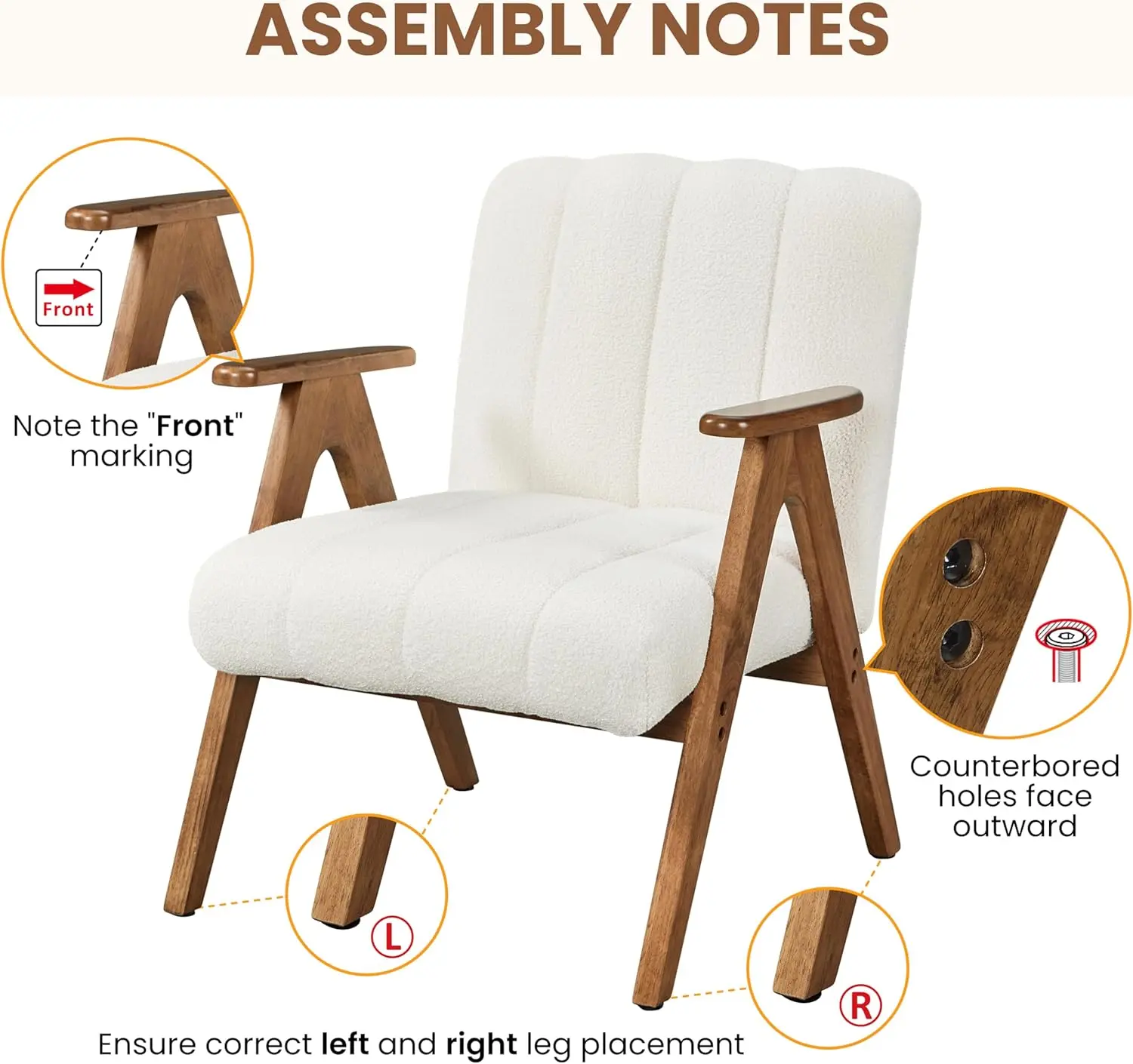 Boucle Fabric Mid Century Accent Chair, Modern Upholstered Living Room Chairs with Solid Wood Legs, Reading Armchair