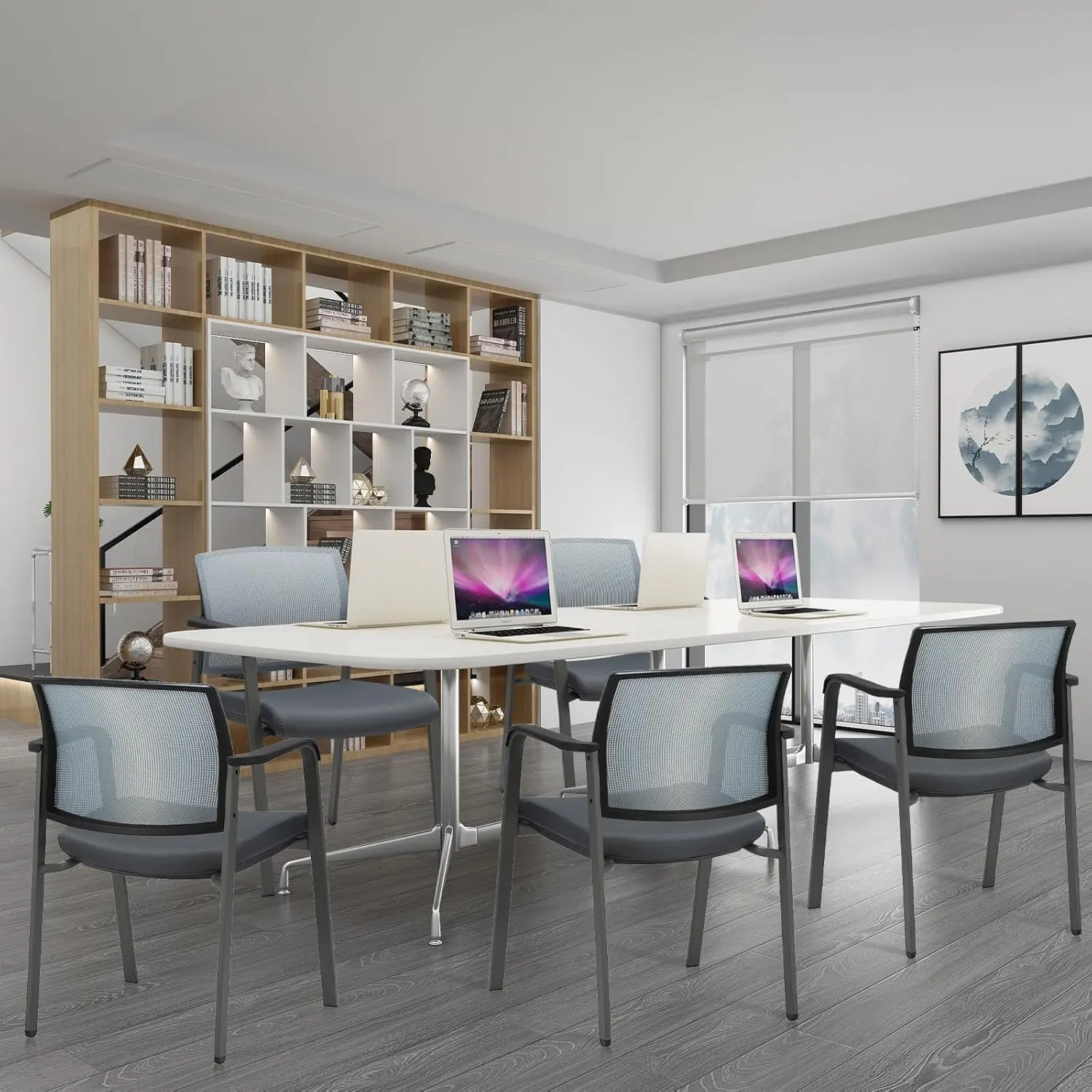 Mesh Back Stacking Arm Chairs with Upholstered Fabric Seat and Ergonomic Lumber Support for Office School Church