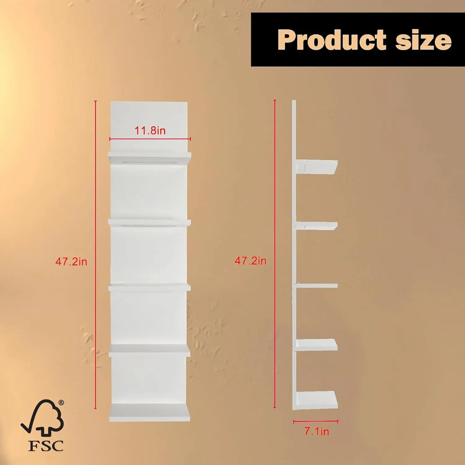 5 Tier Wall Shelf with Light, White Modern Vertical Lack Wall Shelves, Wall Mount, Floating Column Home Decor Shelves
