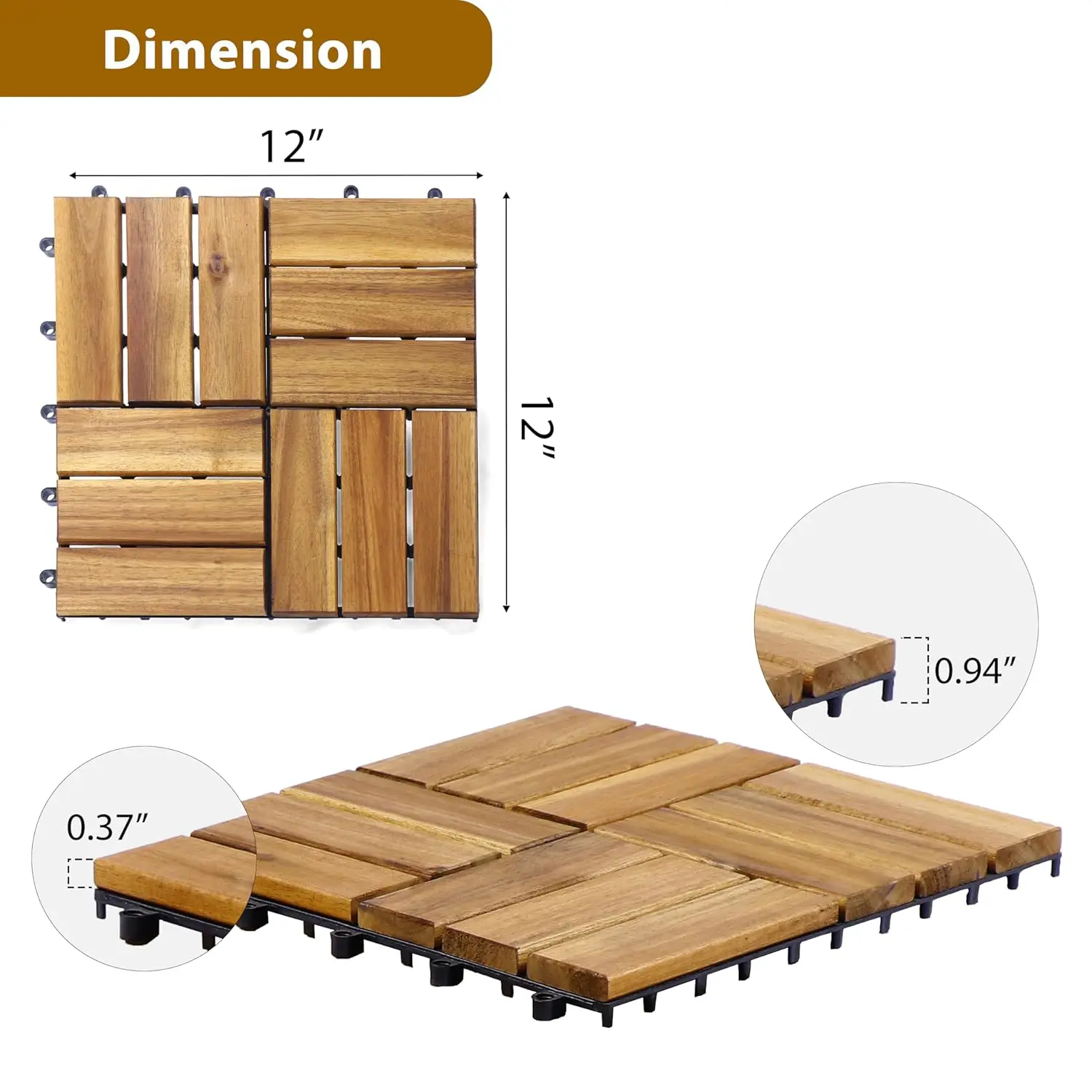 Acacia Wood Flooring Interlocking Deck Tiles for Patio Decor 9 Pcs 12 Slats - Waterproof Indoor & Outdoor Decor