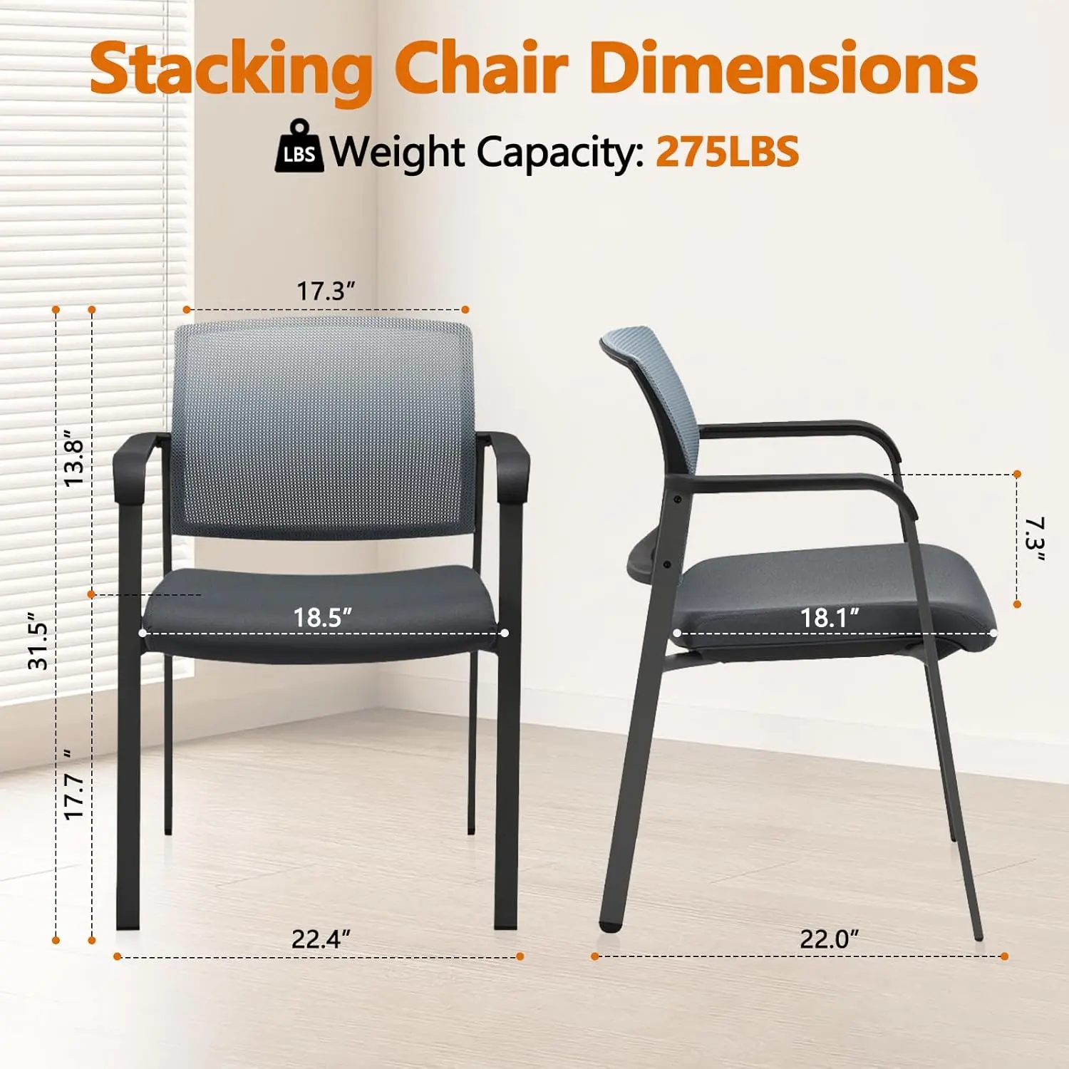 Mesh Back Stacking Arm Chairs with Upholstered Fabric Seat and Ergonomic Lumber Support for Office School Church