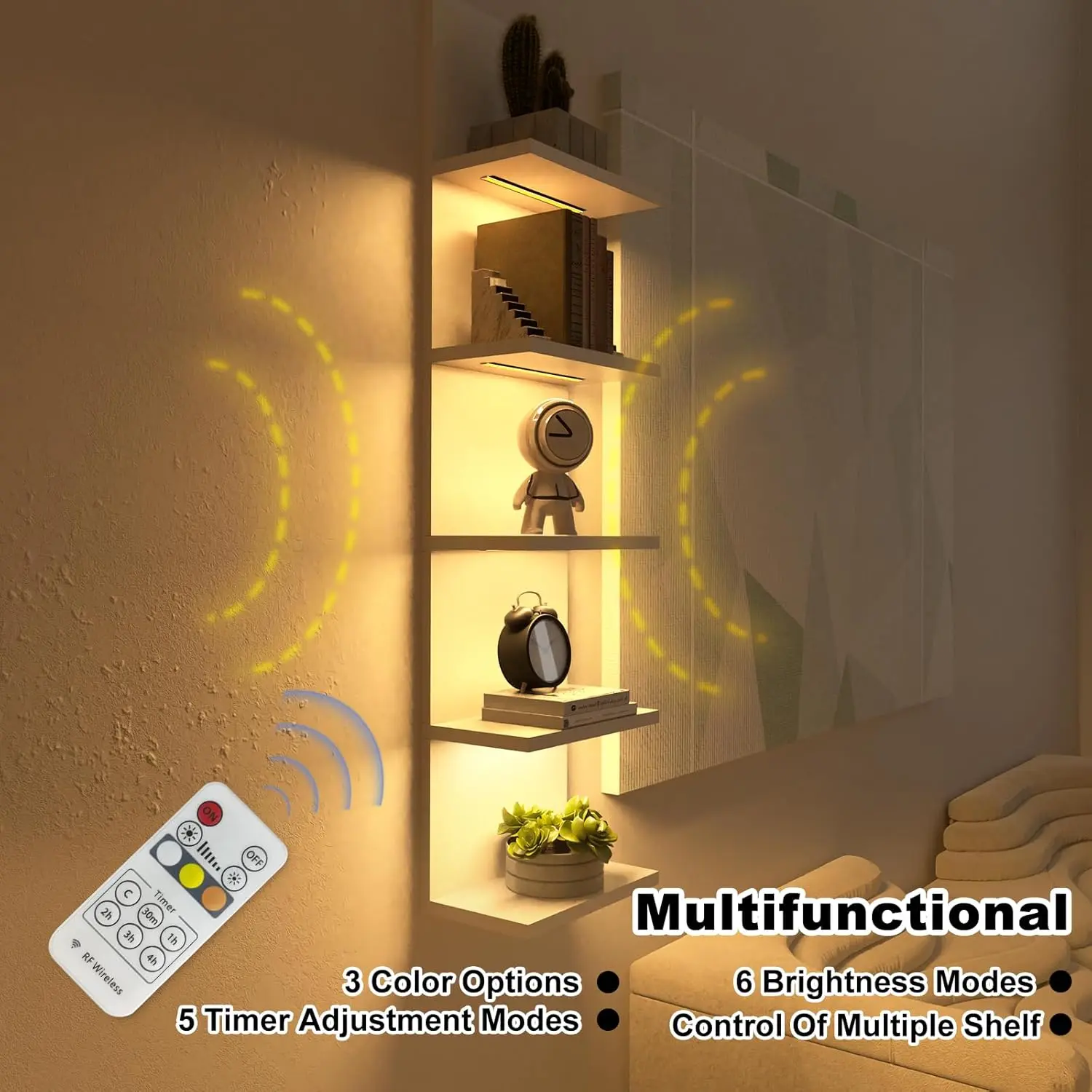 5 Tier Wall Shelf with Light, White Modern Vertical Lack Wall Shelves, Wall Mount, Floating Column Home Decor Shelves