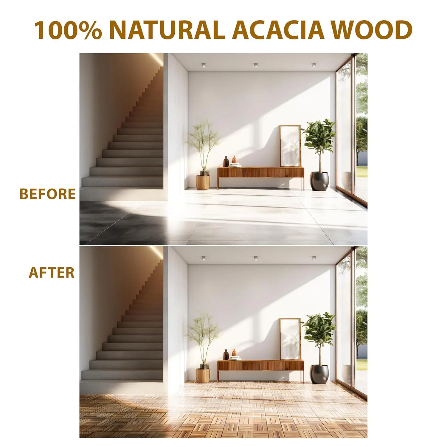 Acacia Wood Flooring Interlocking Deck Tiles for Patio Decor 9 Pcs 12 Slats - Waterproof Indoor & Outdoor Decor
