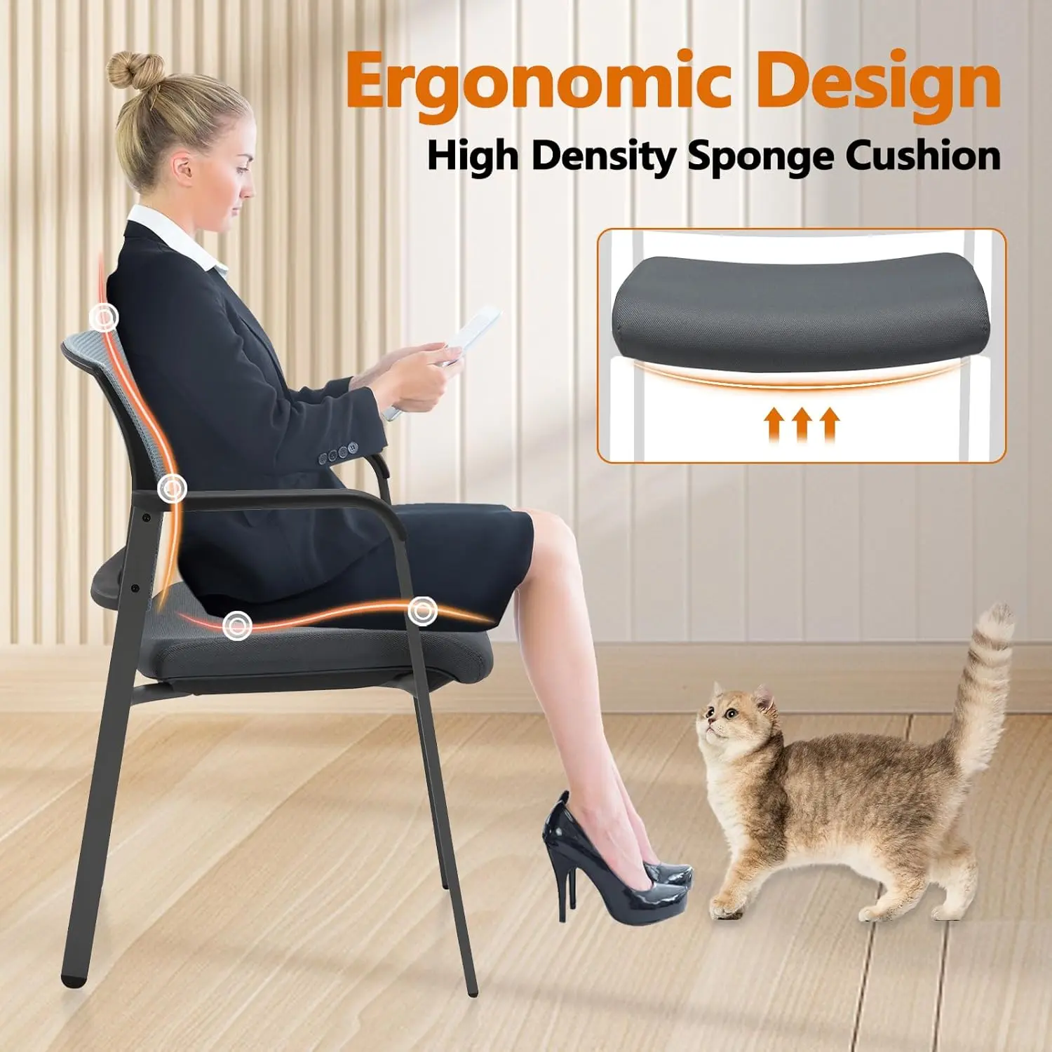 Mesh Back Stacking Arm Chairs with Upholstered Fabric Seat and Ergonomic Lumber Support for Office School Church