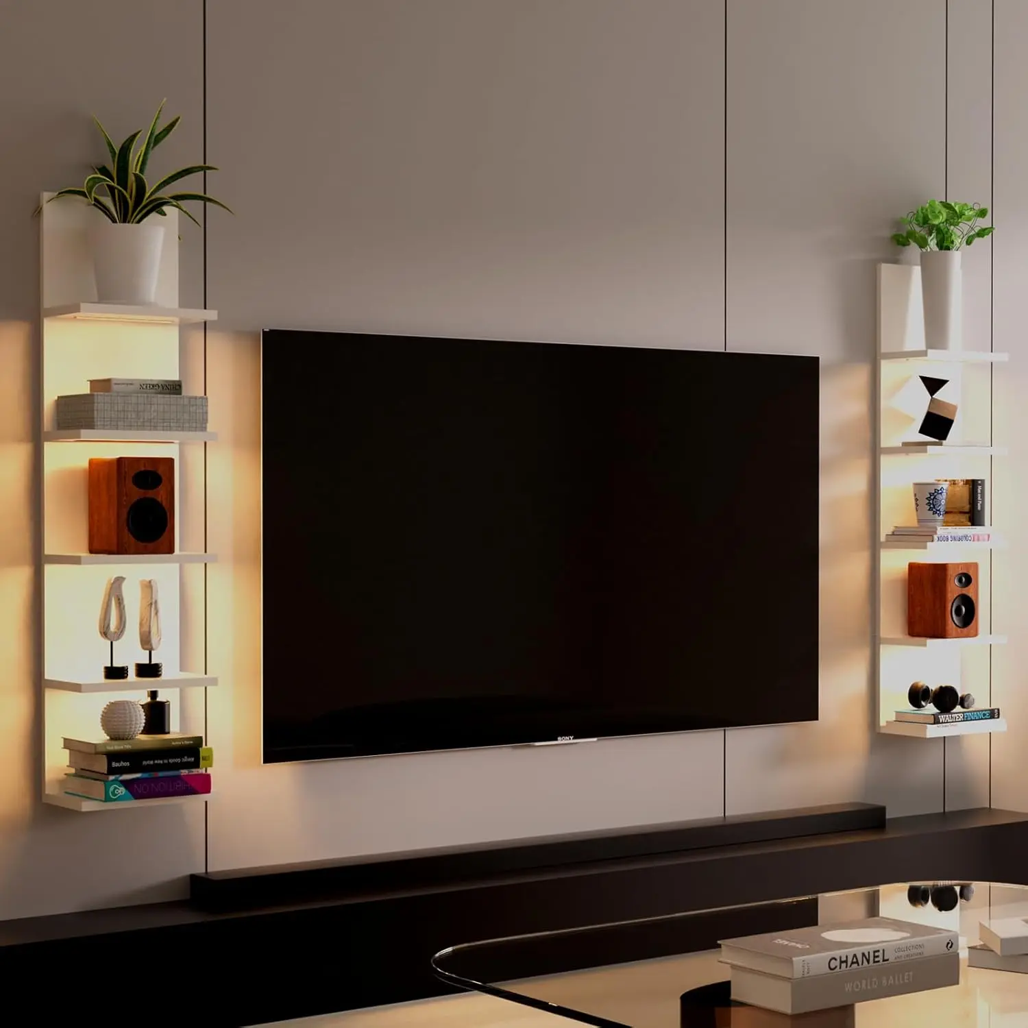 5 Tier Wall Shelf with Light, White Modern Vertical Lack Wall Shelves, Wall Mount, Floating Column Home Decor Shelves
