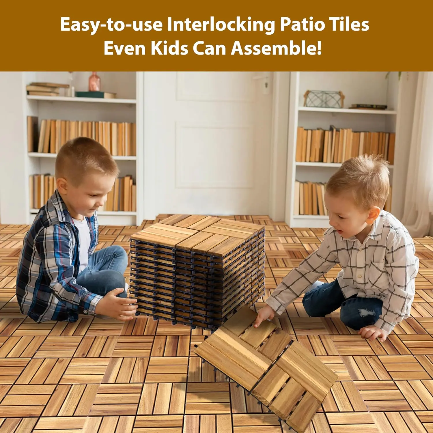 Acacia Wood Flooring Interlocking Deck Tiles for Patio Decor 9 Pcs 12 Slats - Waterproof Indoor & Outdoor Decor