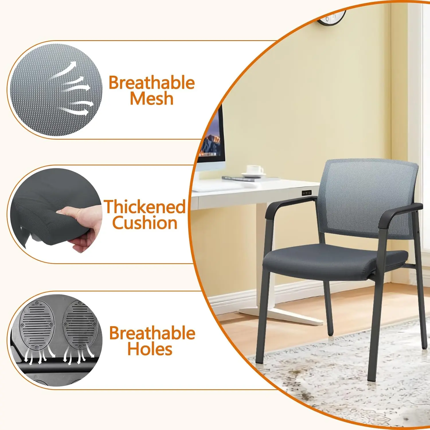 Mesh Back Stacking Arm Chairs with Upholstered Fabric Seat and Ergonomic Lumber Support for Office School Church