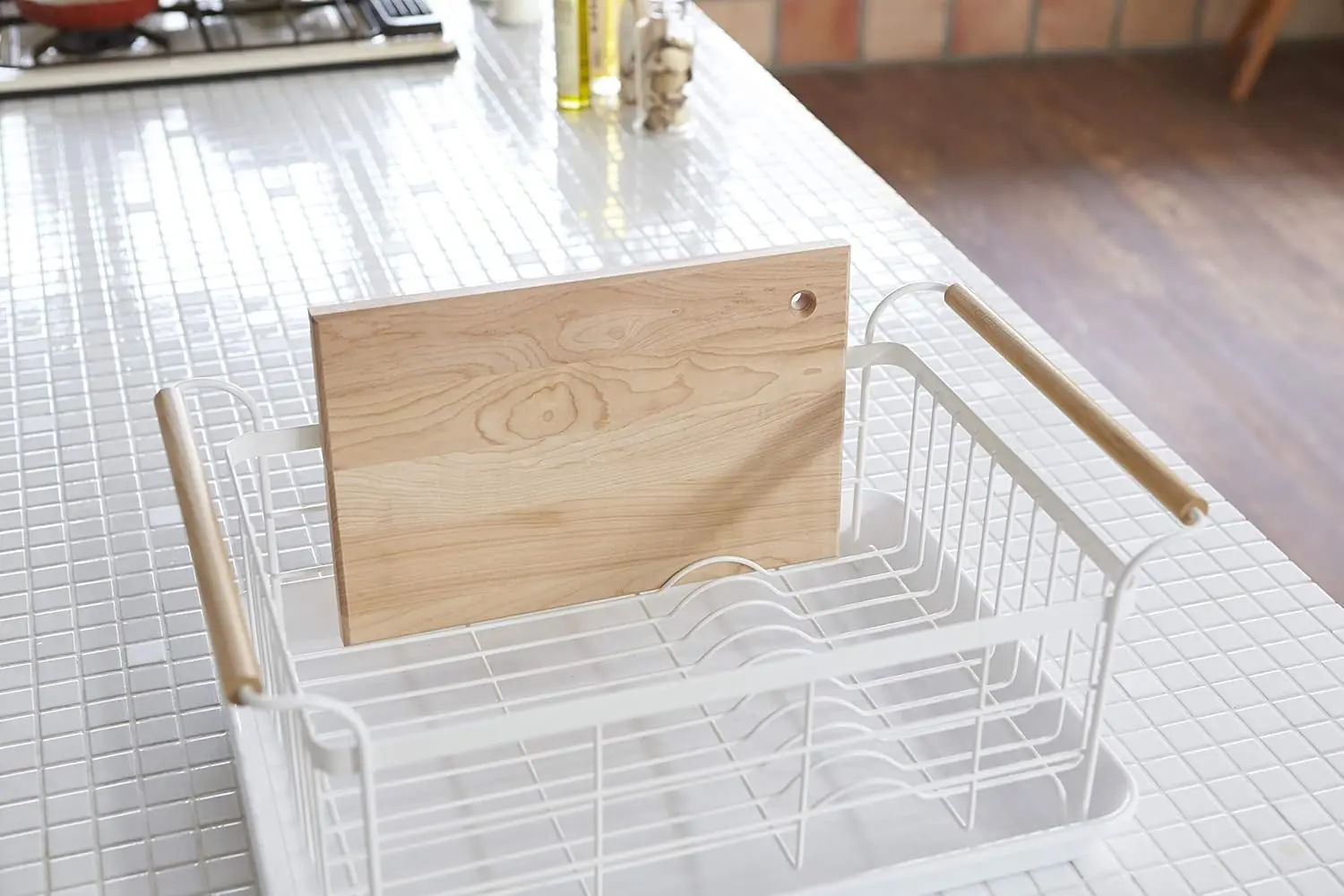 Home Dish Rack with Removeable Drainer Tray, Kitchen Counter Dish Drying Organizer Holder Steel + Wood One Size White