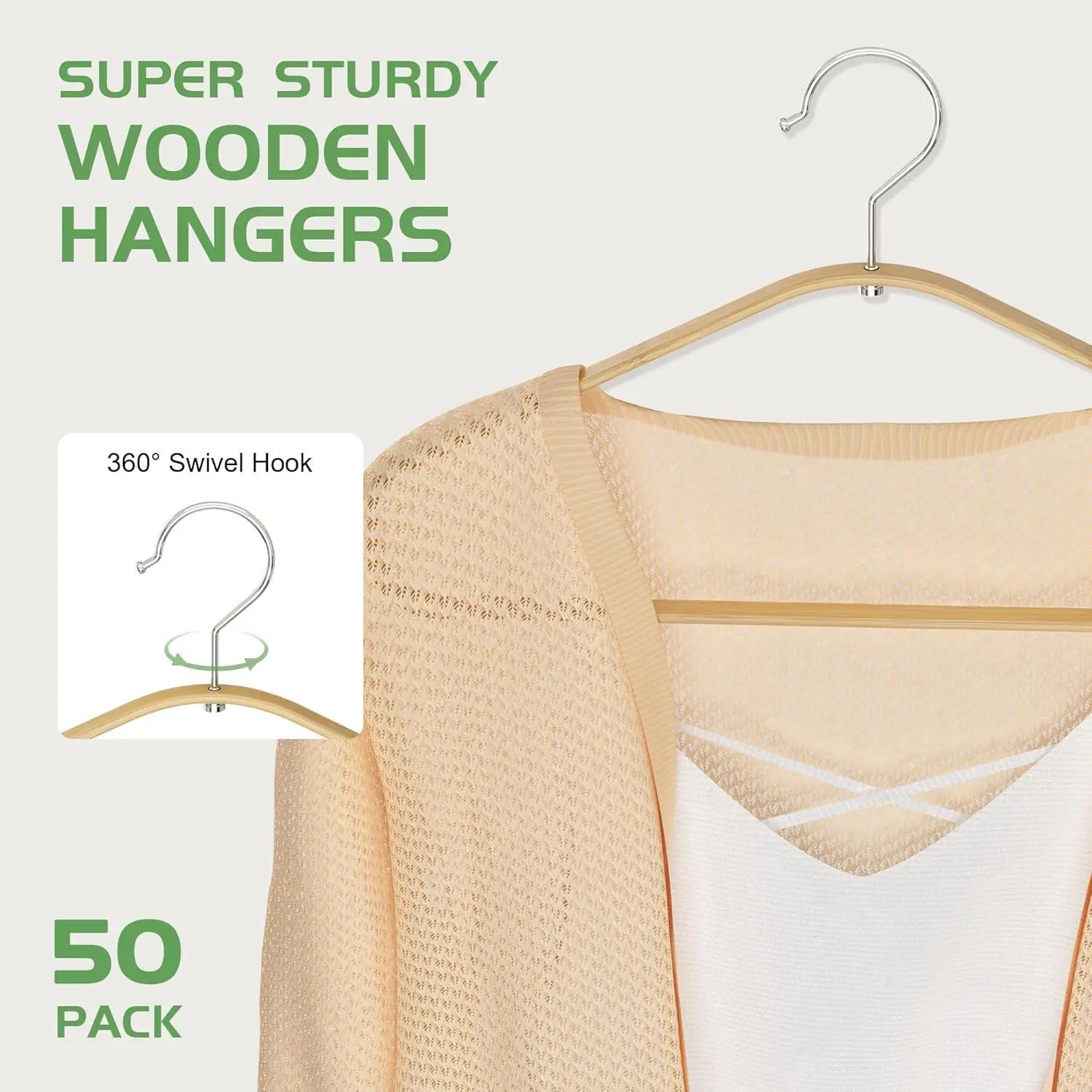 Bamboo Hangers 50 Pack - Durable & Slim Coat Hanger - Suit Hangers with 360-Degree Rotatable Hook, Suit Hangers for Clothes