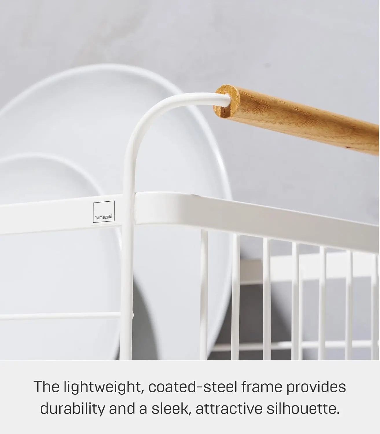 Home Dish Rack with Removeable Drainer Tray, Kitchen Counter Dish Drying Organizer Holder Steel + Wood One Size White