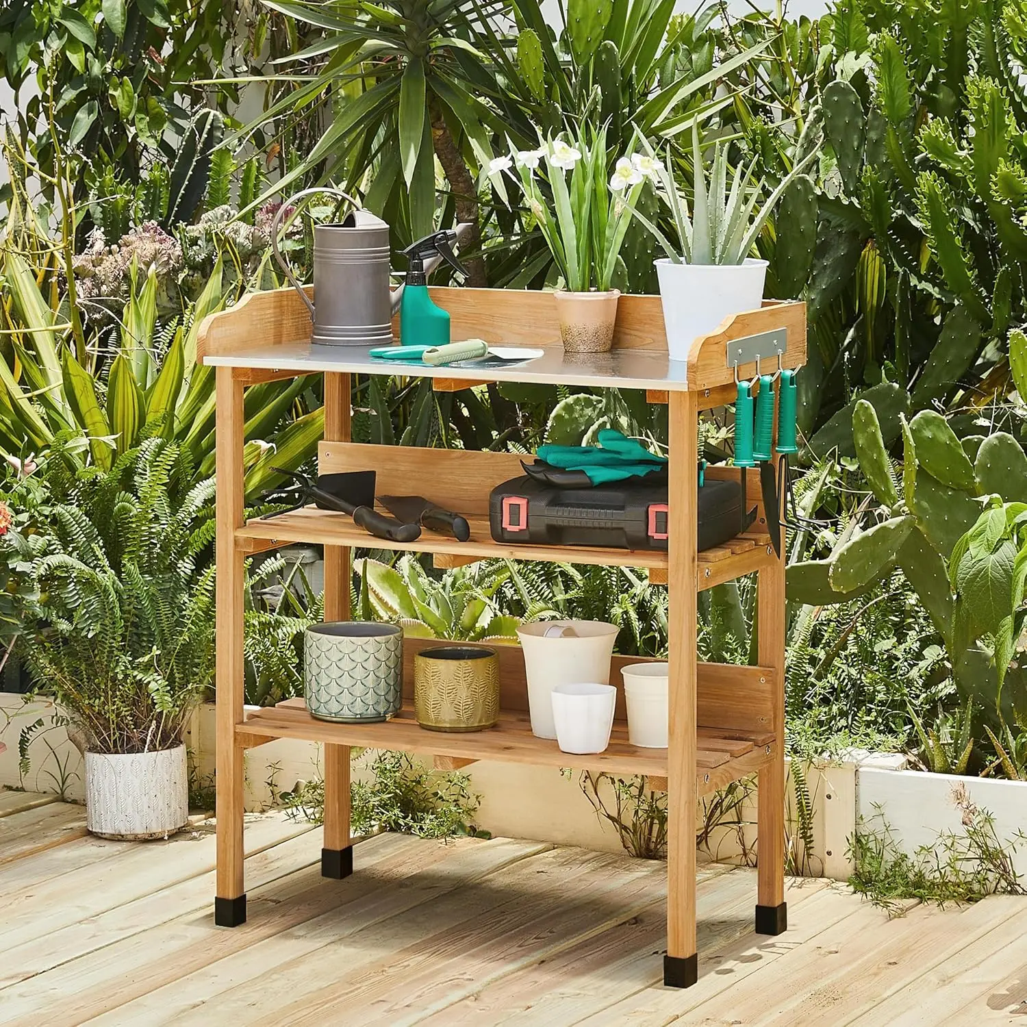 Outdoor Garden Potting Bench Table Wooden Horticulture Planting Worstation w/Metal Tabletop/Storage Shelf/3 Hooks, Natural Wood