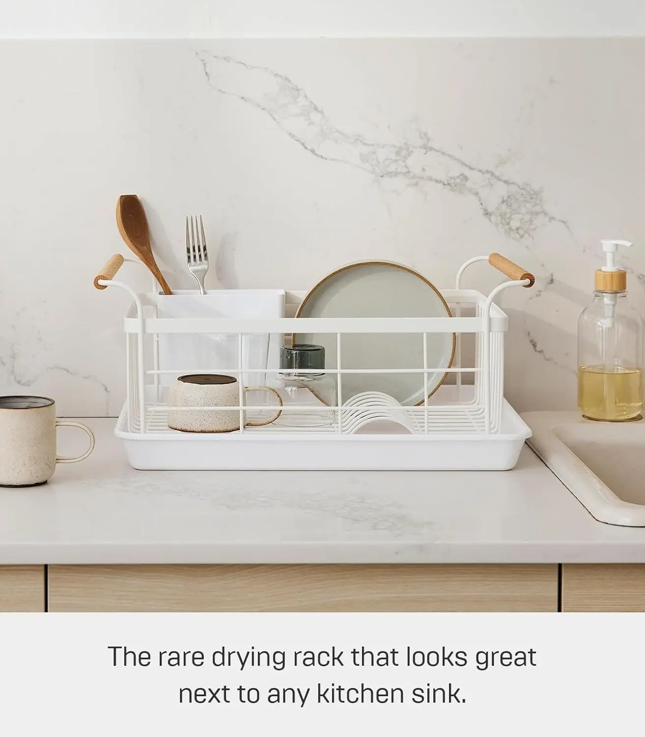 Home Dish Rack with Removeable Drainer Tray, Kitchen Counter Dish Drying Organizer Holder Steel + Wood One Size White