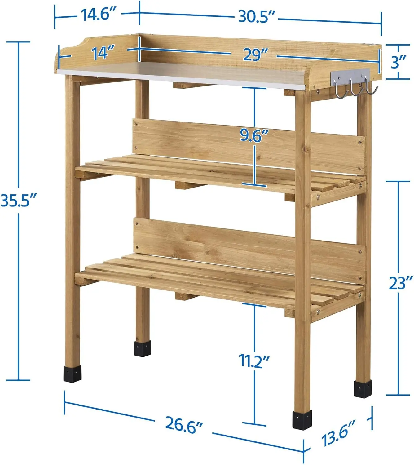 Outdoor Garden Potting Bench Table Wooden Horticulture Planting Worstation w/Metal Tabletop/Storage Shelf/3 Hooks, Natural Wood