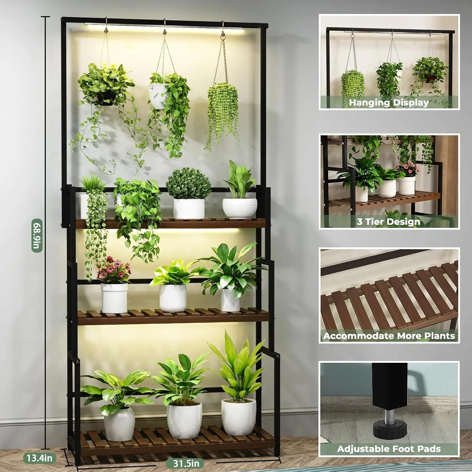 Hanging Plant Stand with Grow Light, 3 Tier Metal Plant Stand for Indoor Plants Multiple, Large Plant Shelf Display Holder
