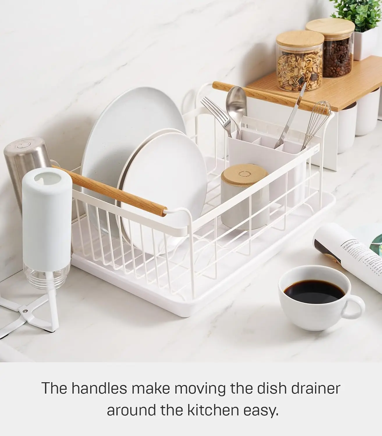 Home Dish Rack with Removeable Drainer Tray, Kitchen Counter Dish Drying Organizer Holder Steel + Wood One Size White
