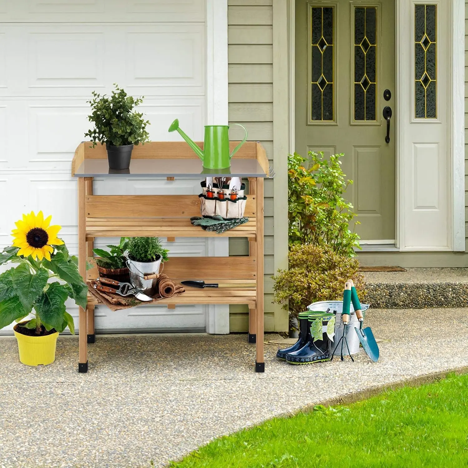Outdoor Garden Potting Bench Table Wooden Horticulture Planting Worstation w/Metal Tabletop/Storage Shelf/3 Hooks, Natural Wood