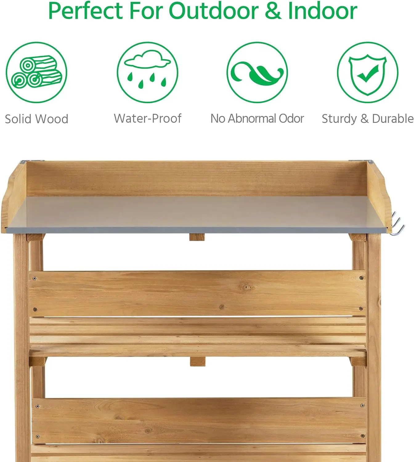 Outdoor Garden Potting Bench Table Wooden Horticulture Planting Worstation w/Metal Tabletop/Storage Shelf/3 Hooks, Natural Wood