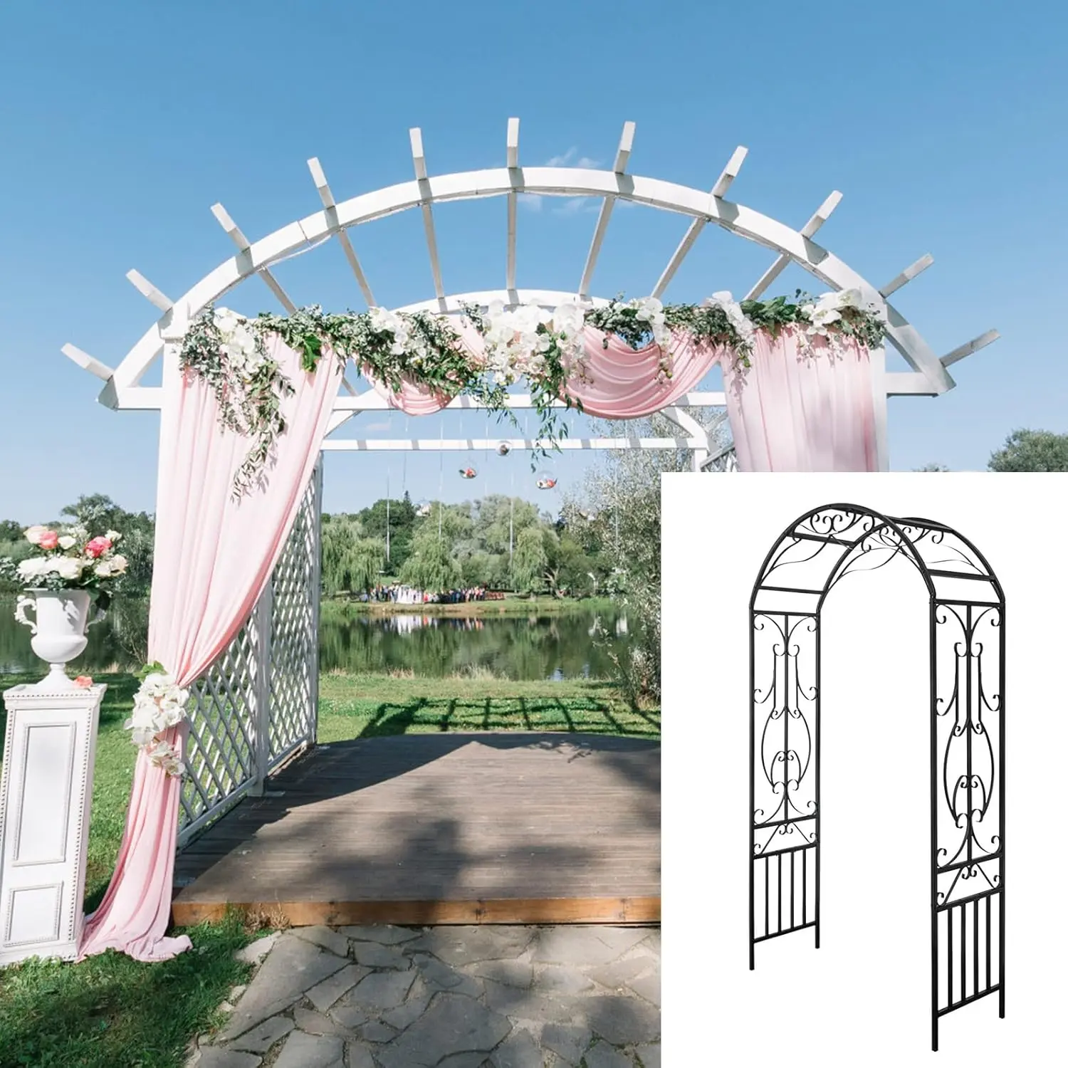 Tree Outdoor Metal Garden Arch, 86.6" H x 44.1" W Iron Black Trellis Arbor Various Climbing Plant Growing Lawn Backyard