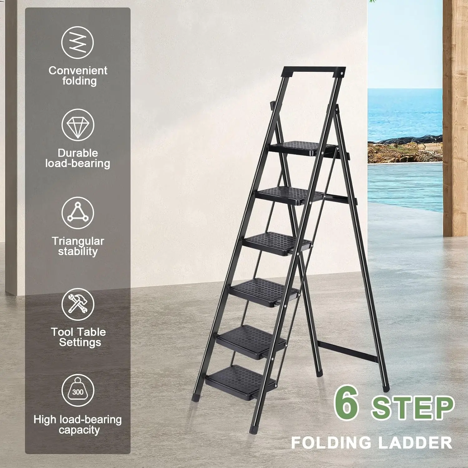 Step Ladder, Folding Stool, Heavy-Duty Ladder Stool with Handrail Wide Pedal, Anti-Slip Ladder with Handgrip