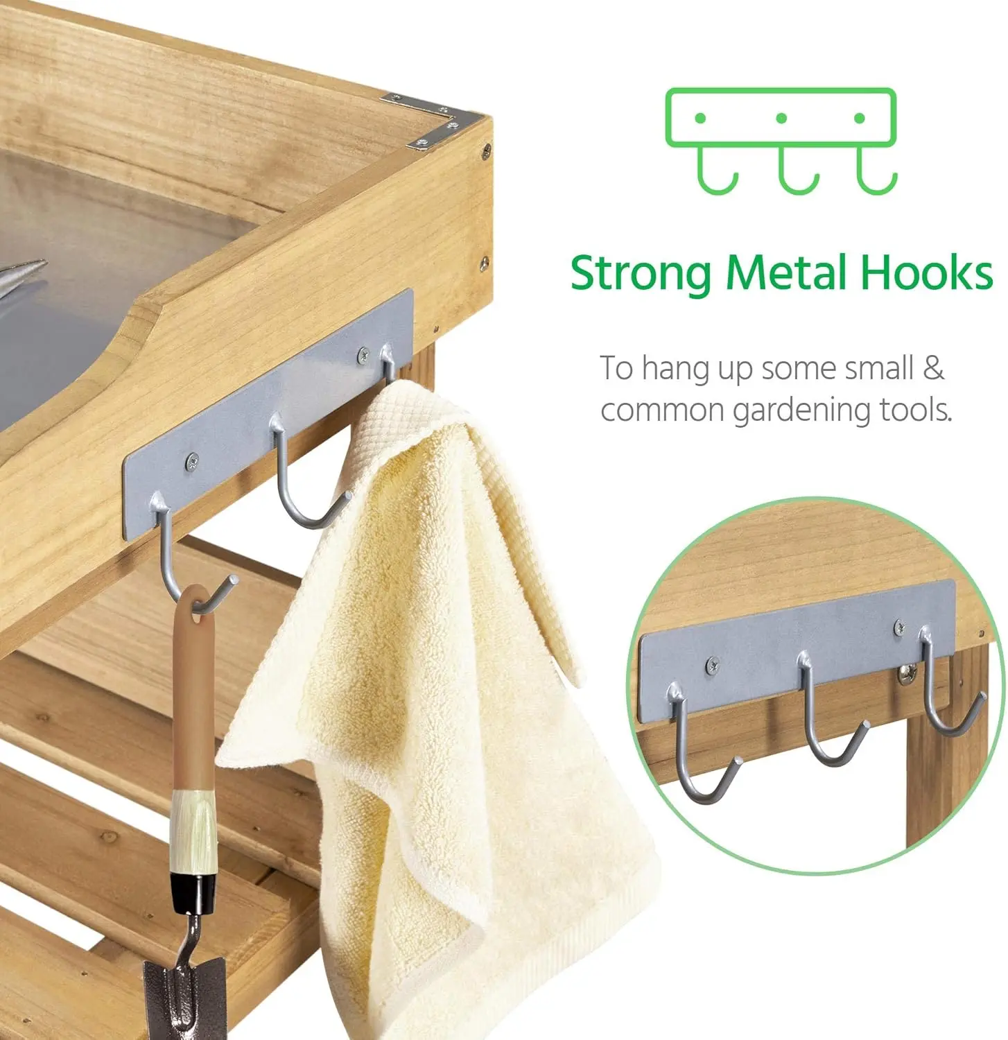 Outdoor Garden Potting Bench Table Wooden Horticulture Planting Worstation w/Metal Tabletop/Storage Shelf/3 Hooks, Natural Wood