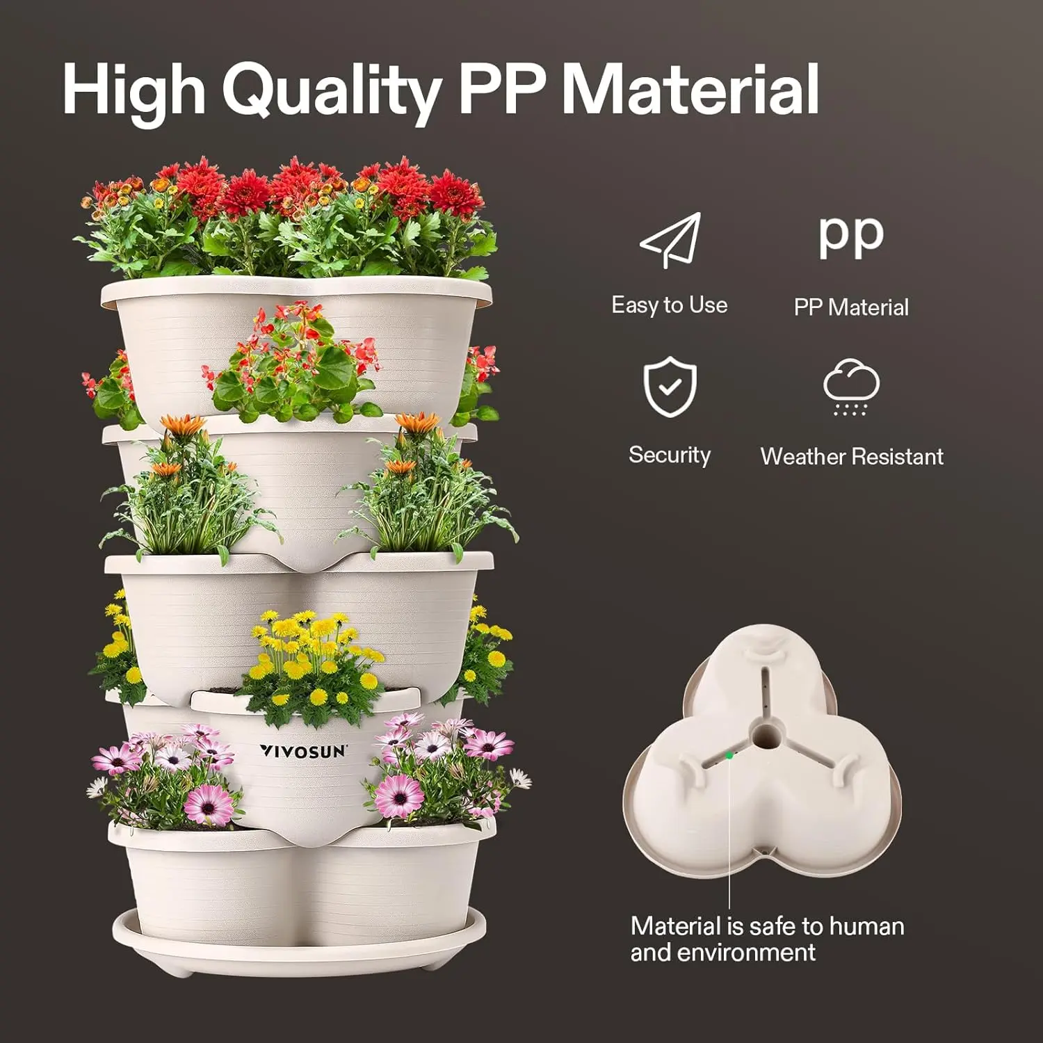 2-Pack 5 Tier Vertical Gardening Stackable Planter for Strawberries, Flowers, Herbs, Vegetables, Ivory