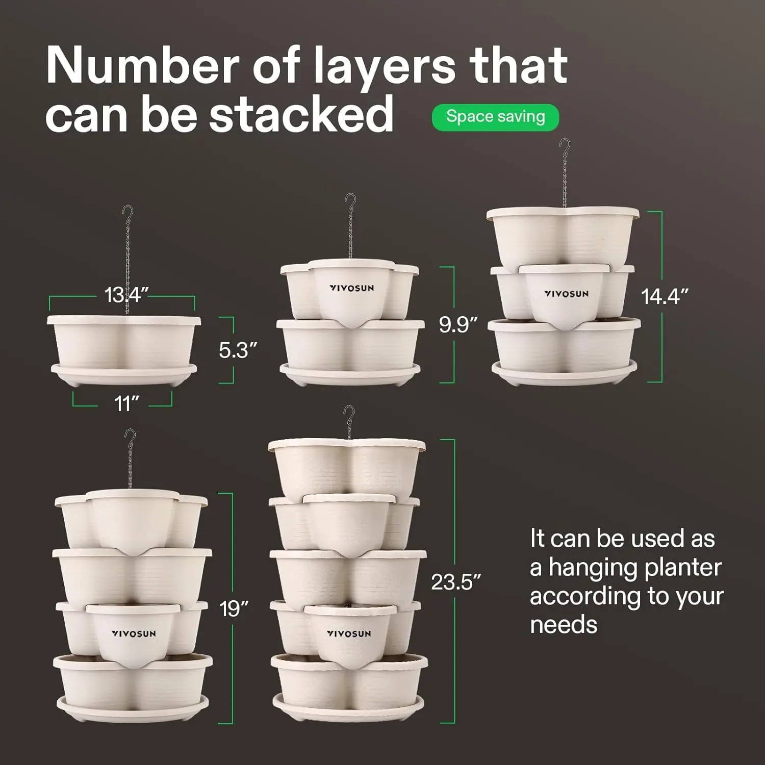 2-Pack 5 Tier Vertical Gardening Stackable Planter for Strawberries, Flowers, Herbs, Vegetables, Ivory