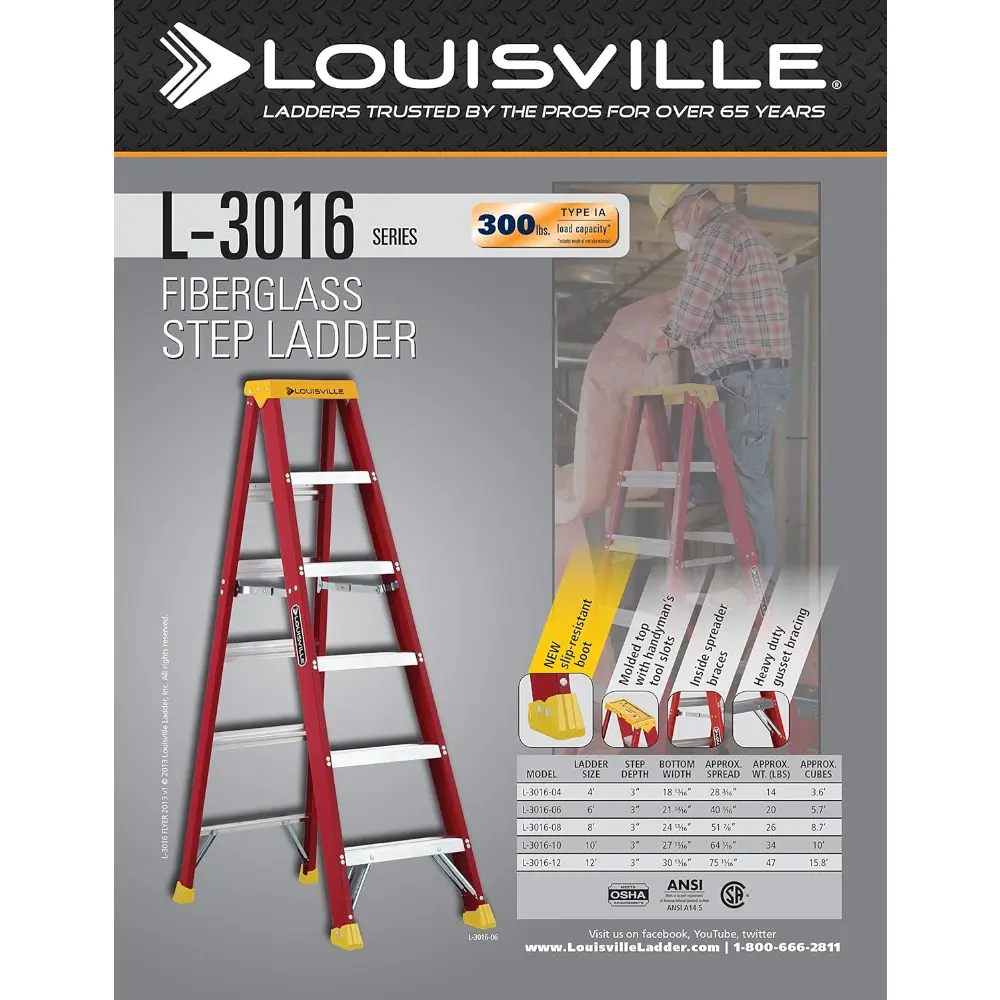 4-Foot Fiberglass Step Ladder, 300-Pound Load Capacity, Type IA, L-3016-04