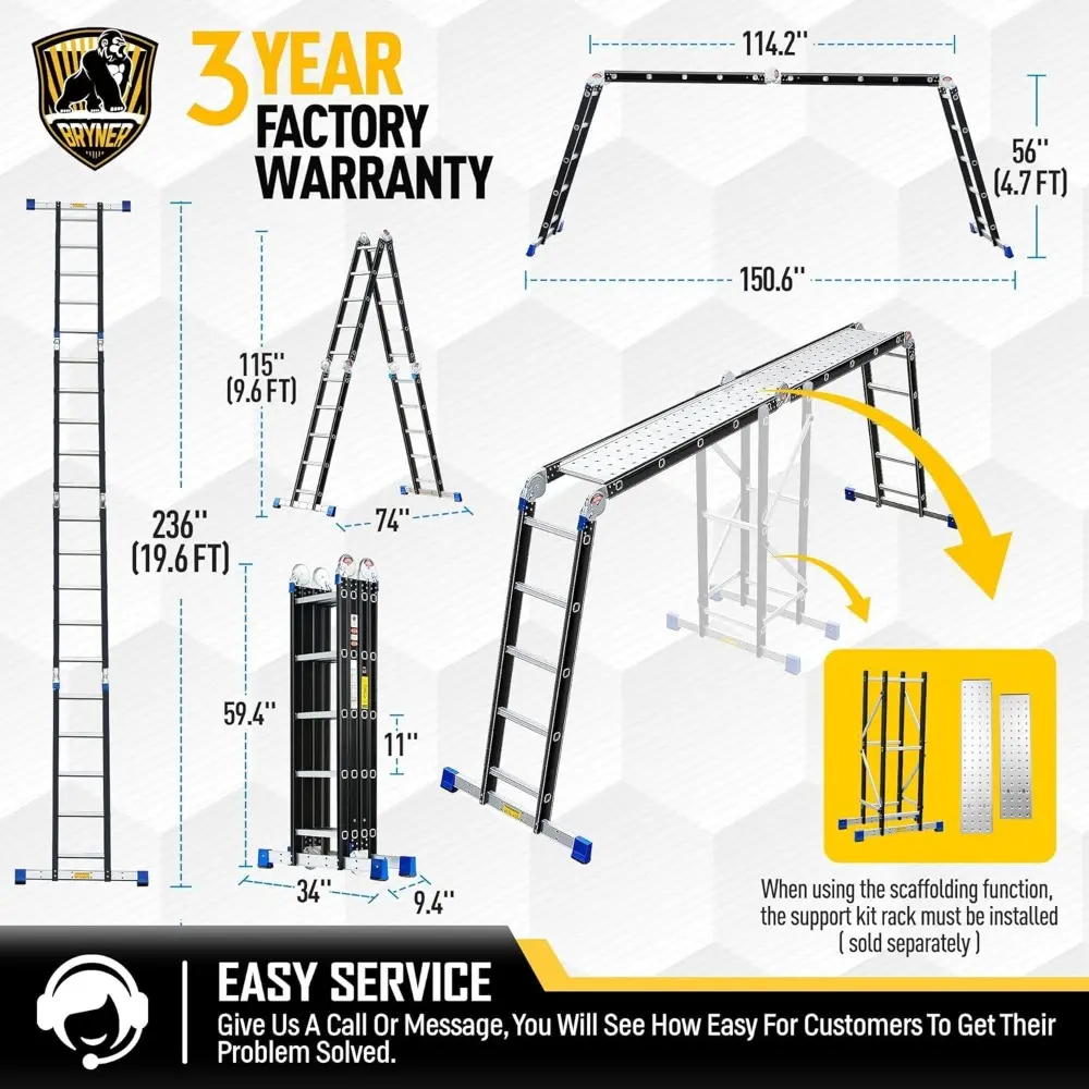 Step Folding Ladder 19.6ft Multi-Purpose Aluminium Extension Ladders, 7 in 1 Folding Adjustable Telescoping Step Ladder 330lbs
