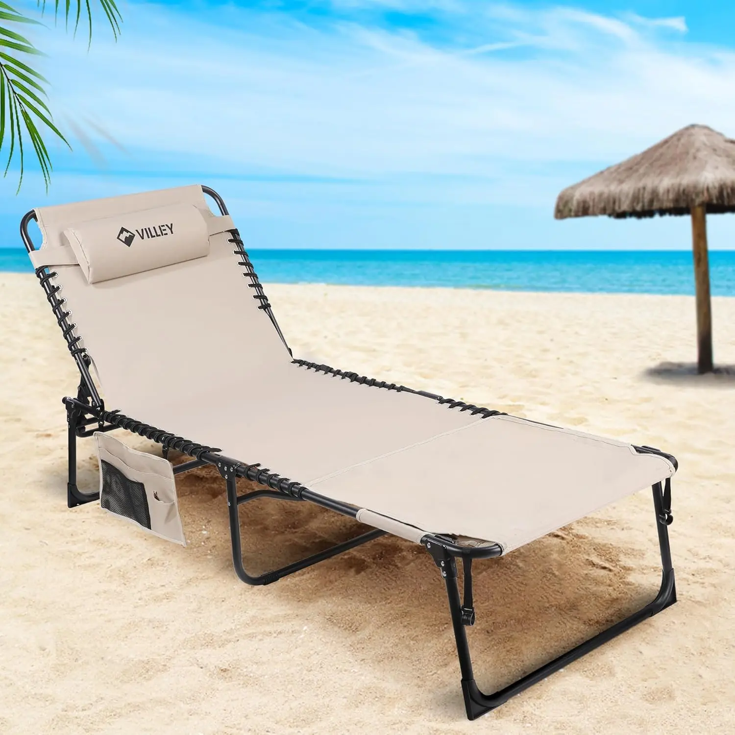 Oversized Chaise Lounge Chair with Face Hole, Portable Tanning Chair, Adjustable Reclining Beach Chair
